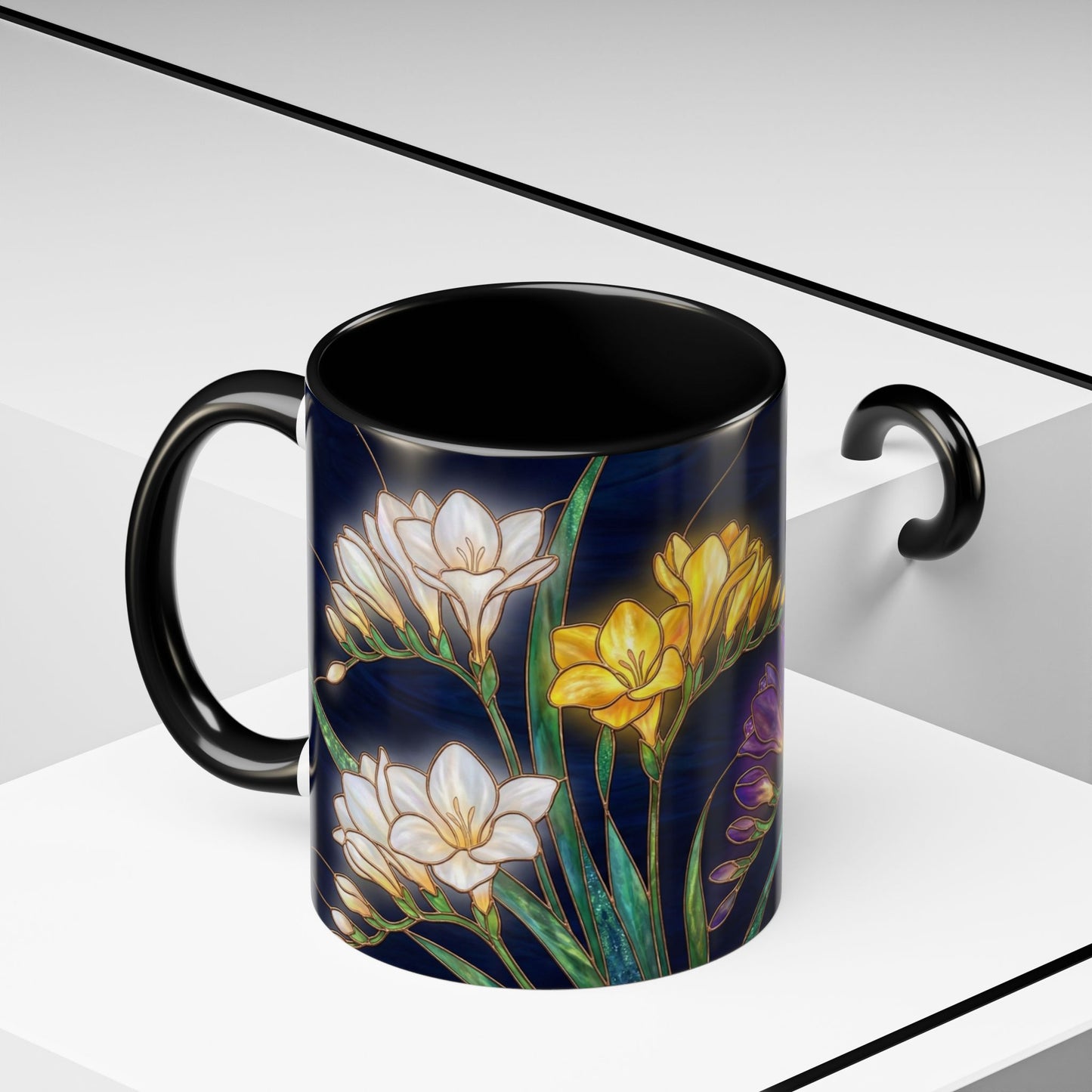 Freesia Floral Accent Coffee Mug — Stained Glass Design (11/15 oz) - 14566