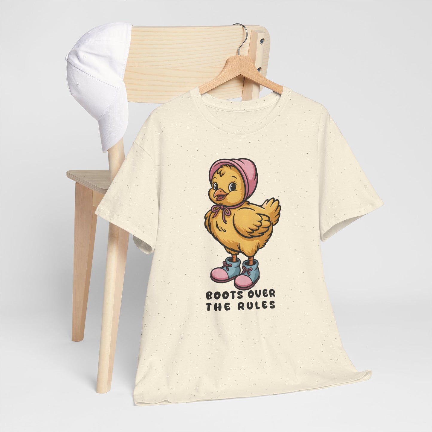Cute Chick in Boots T-Shirt – “Boots Over The Rules” Funny Chicken Graphic Tee Gift - 14858