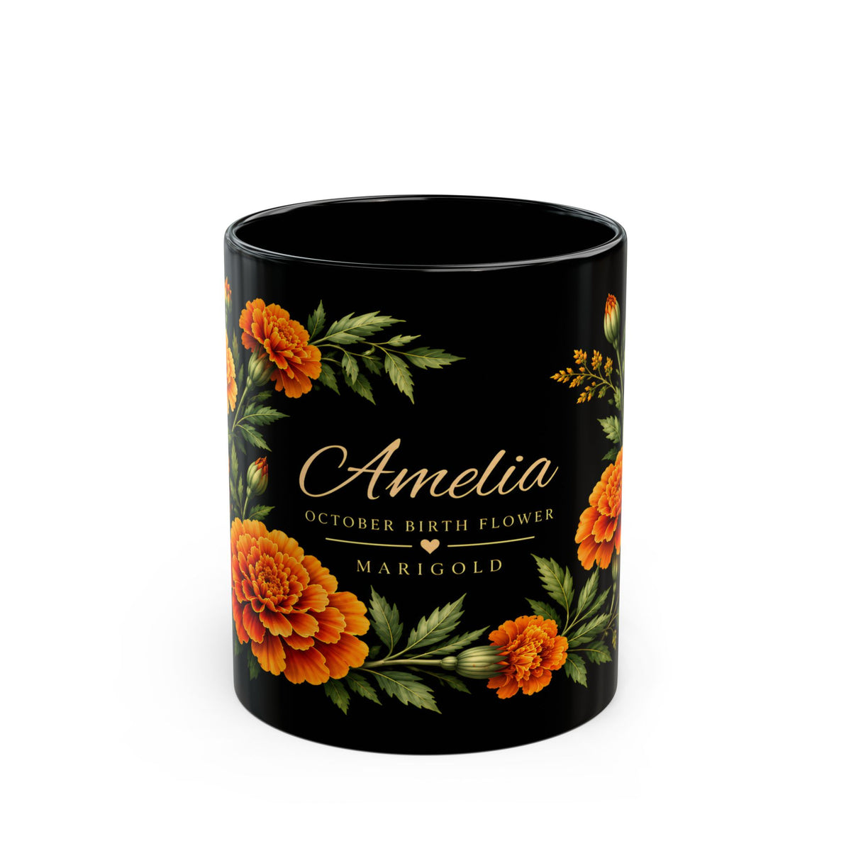Personalized October Birth Flower Mug,  Marigold Black Coffee Cup, Custom Name 11oz/15oz - 14976
