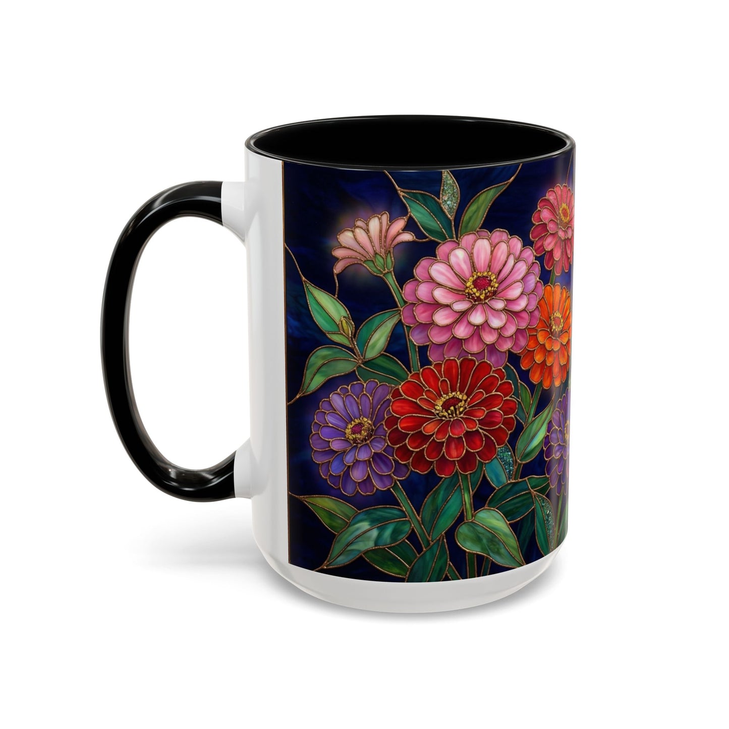 Zinnias Floral Accent Coffee Mug — Stained Glass Design 11/15oz - 14591