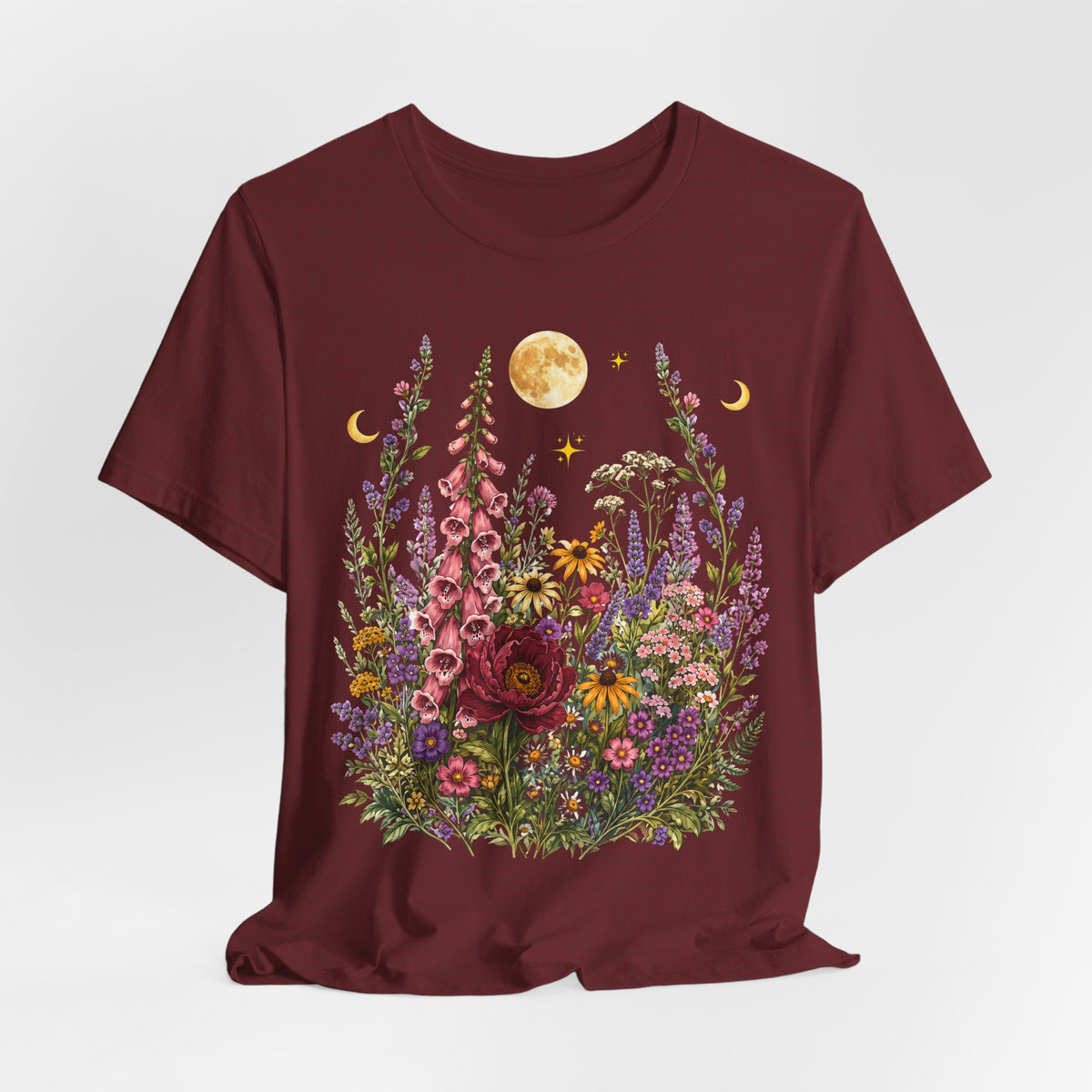 Floral Moon Garden T-Shirt, Vintage Wildflower & Celestial Graphic Tee - 14961