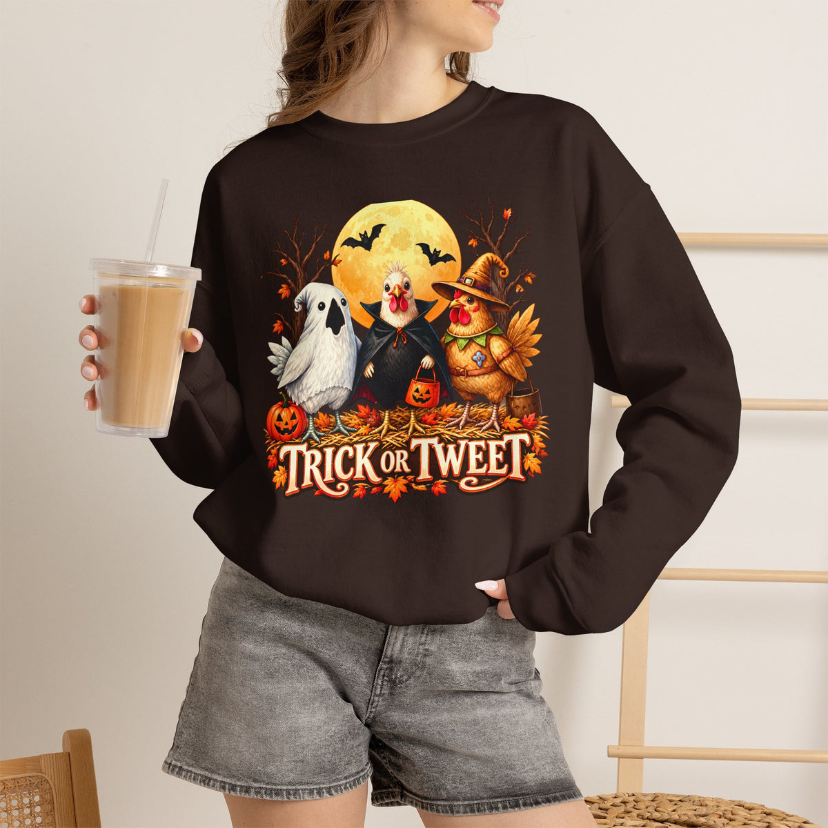 Trick or Tweet Halloween Sweatshirt, Cute Costume Chickens & Ghost Crewneck- 14512