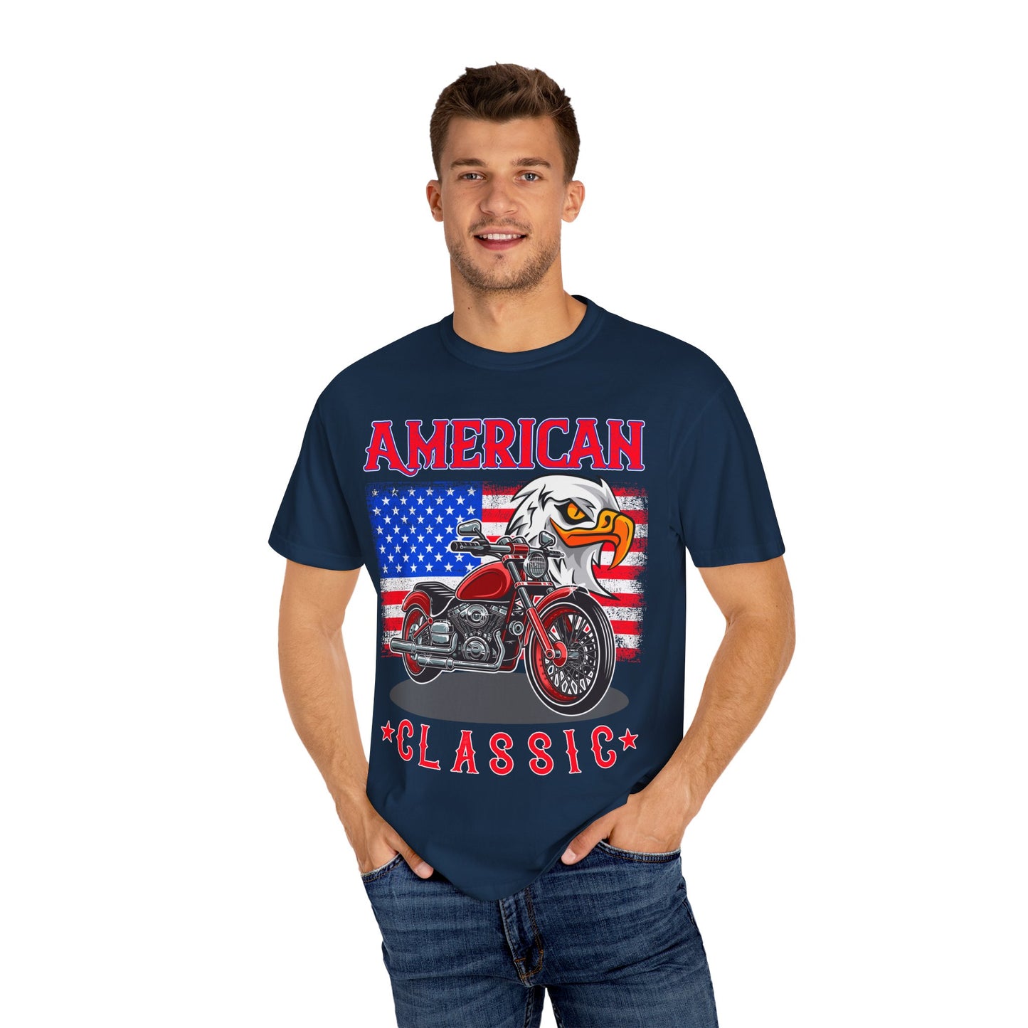 American Classic Tee, Unisex Garment-Dyed T-shirt, Biker Gift, Patriotic Apparel, Rider and Eagle Fashion, Vintage Style - 13658