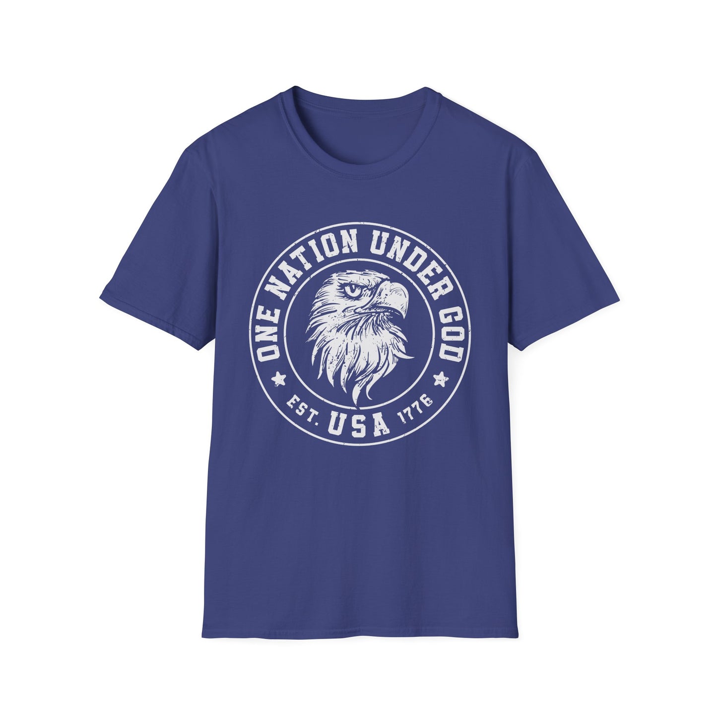 Patriotic Graphic T-Shirt - One Nation Under God, USA Eagle Tee, Unisex Softstyle Top for Independence Day, Veteran Gifts - 13698