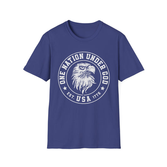 Patriotic Graphic T-Shirt - One Nation Under God, USA Eagle Tee, Unisex Softstyle Top for Independence Day, Veteran Gifts - 13698