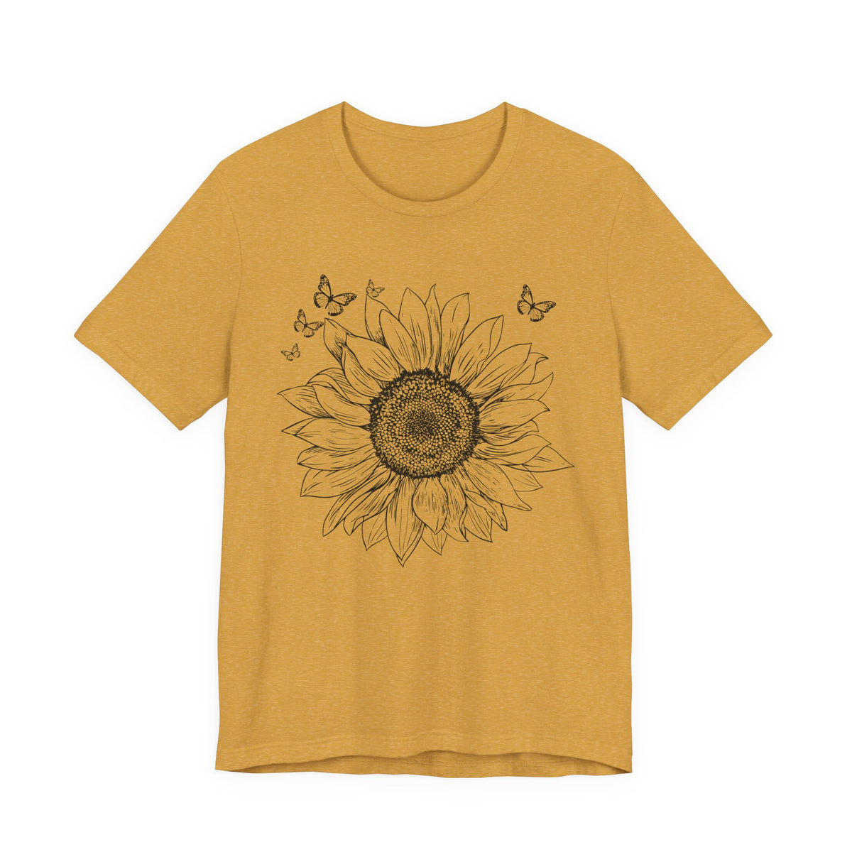 Sunflower Sketch T-Shirt, Vintage Botanical Sunflower & Butterfly Graphic Tee - 14982