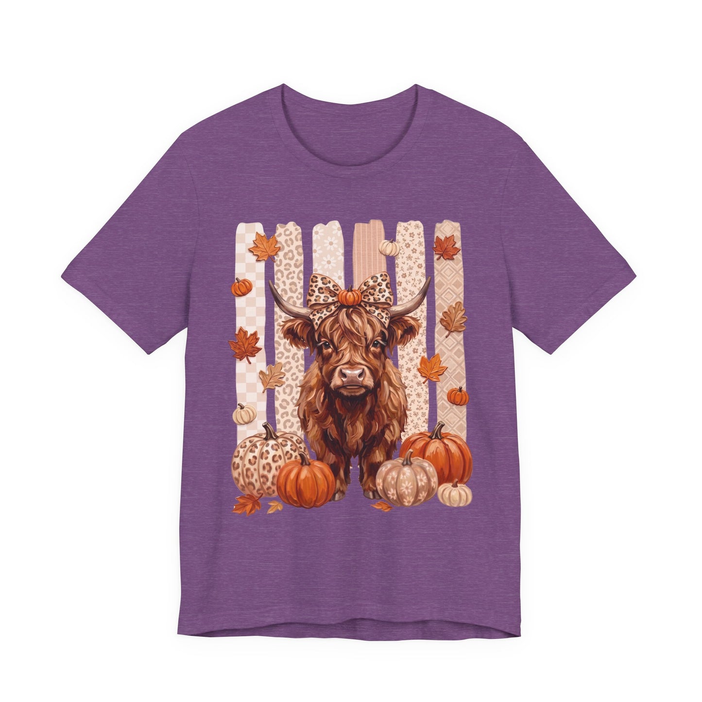 Highland Cow Autumn T-Shirt — Pumpkin & Leaves Fall Graphic Tee - 14942