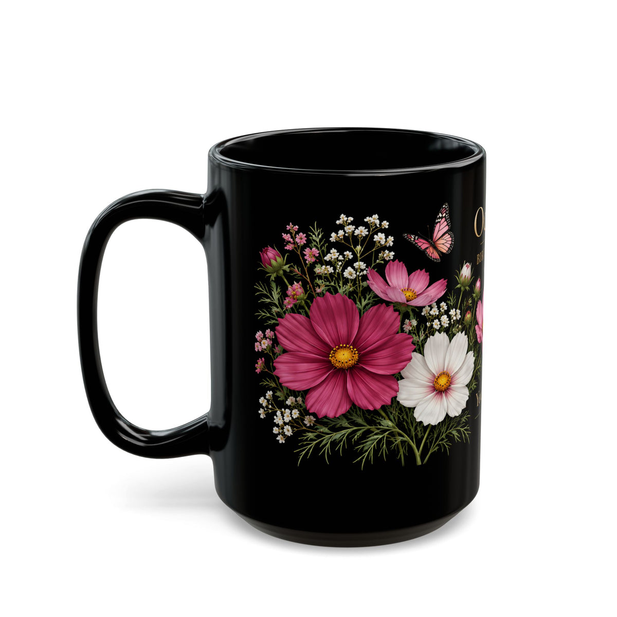 October Birth Flower Mug, Personalized Cosmos Black Coffee Cup - 14980