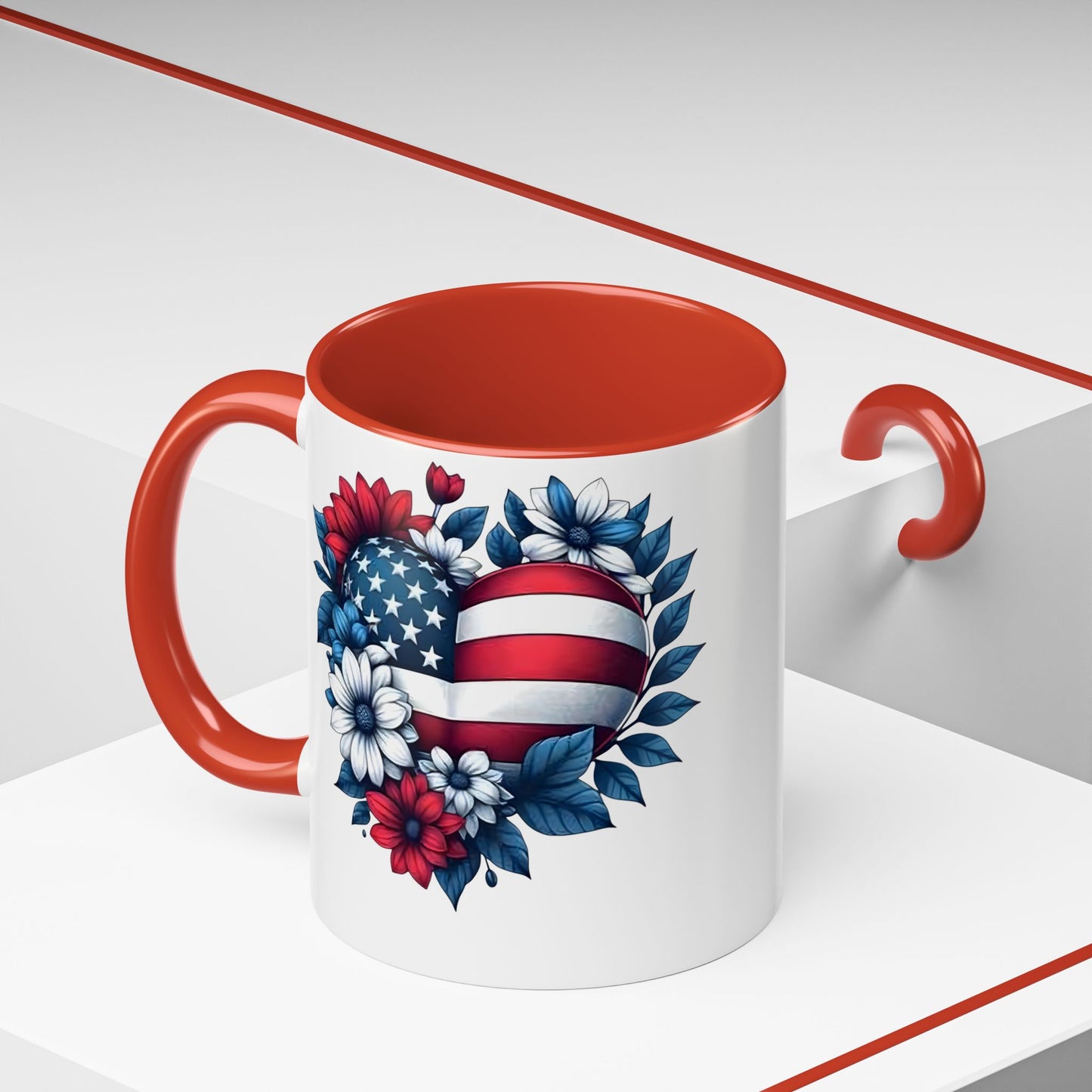 America 250th Anniversary Mug – Patriotic Heart American Flag Floral Accent Coffee Cup, USA Independence Day Gift (11oz, 15oz) - 14834
