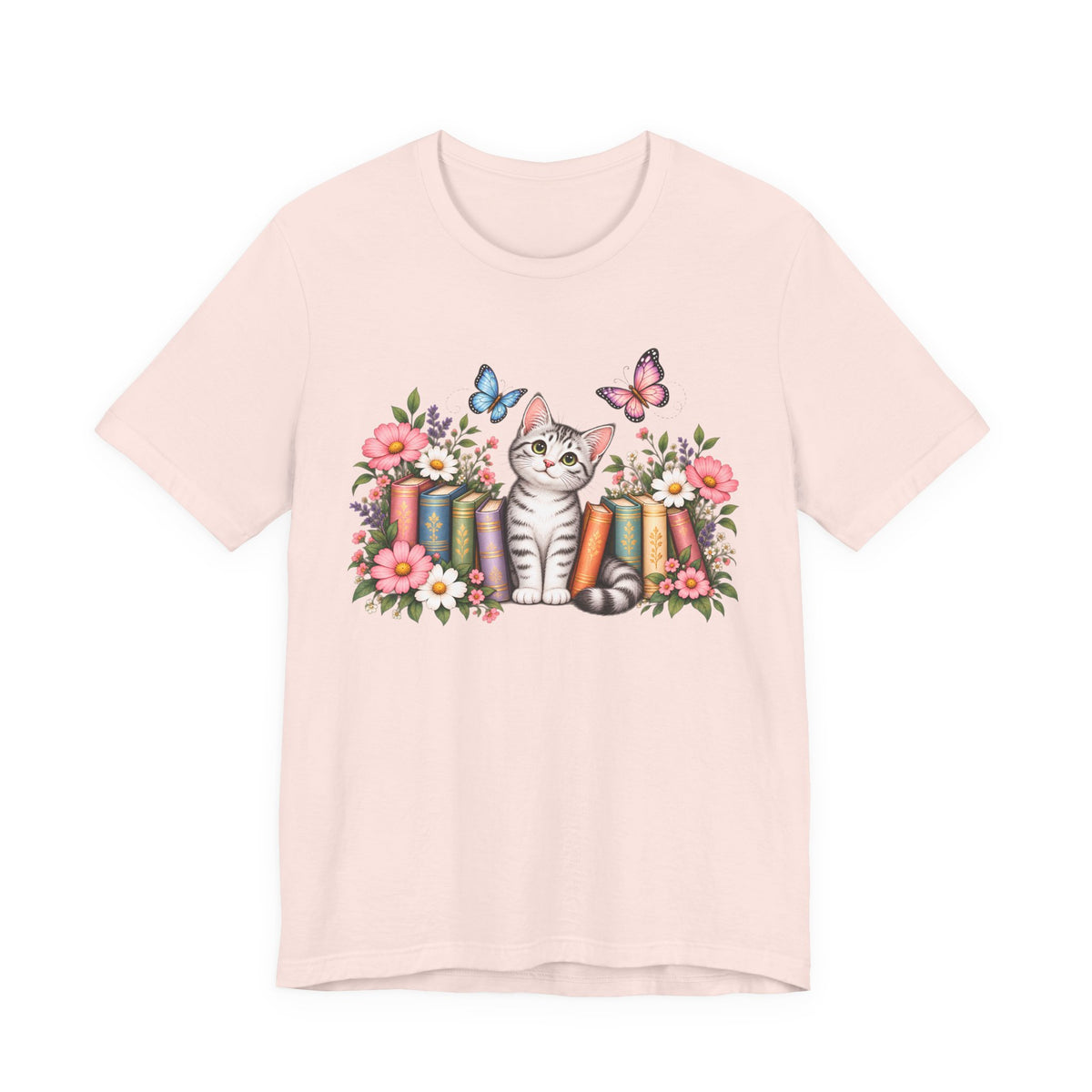 Cat & Books T-Shirt, Cute Floral Kitten & Butterfly Tee - 14526