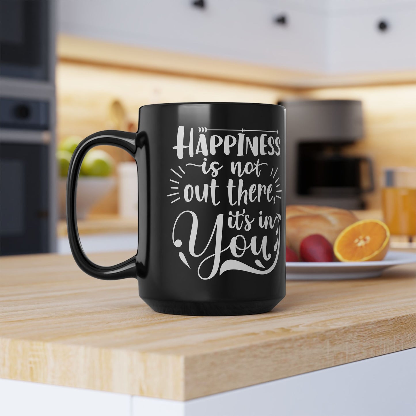 Inspirational Black Mug - Happiness Is Inside You, Funny Coffee Cup, Motivational Gift, Unique Kitchenware, Self-Care Reminder - 14074
