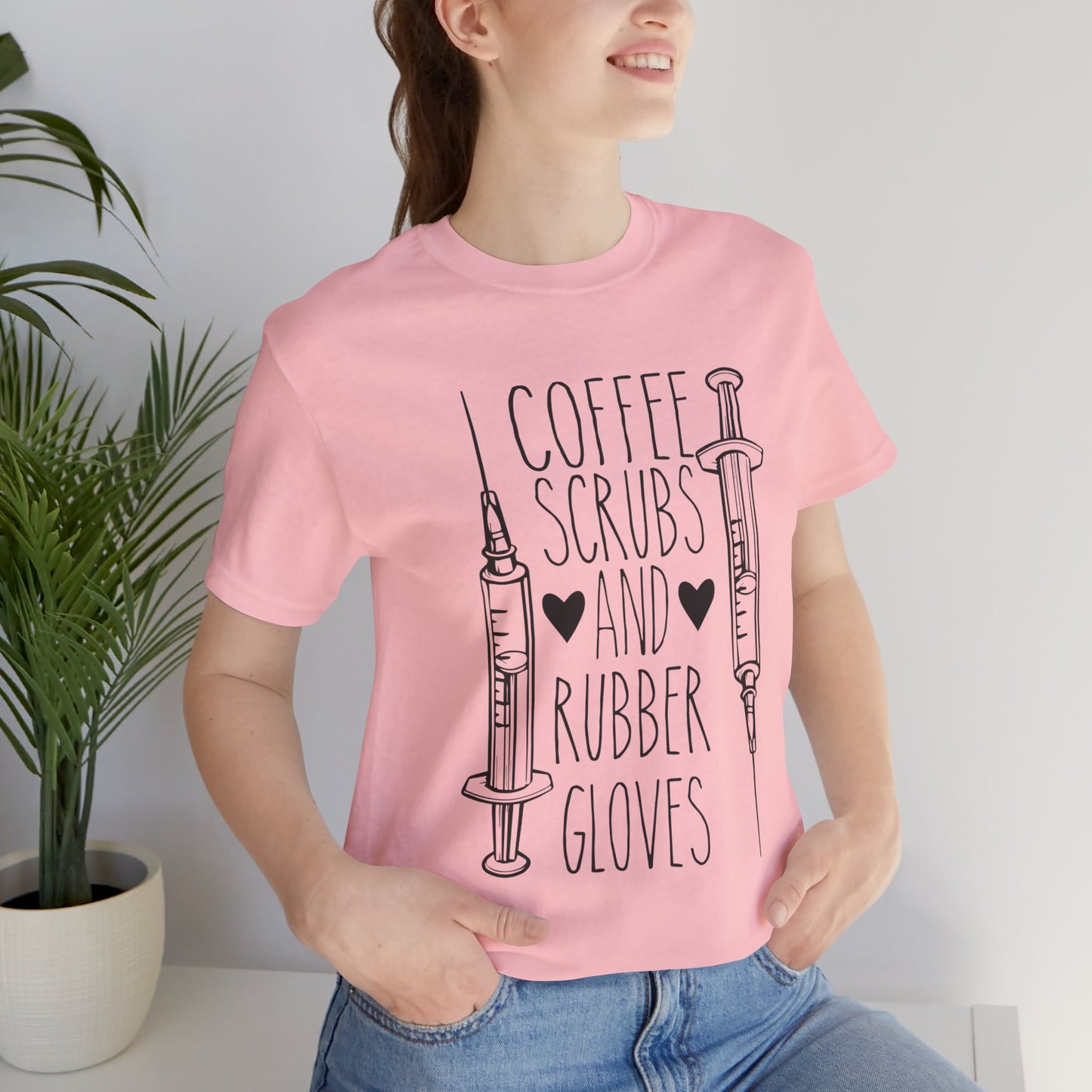 Nurse: Coffee Scrubs & Rubber Gloves - Unisex Jersey Short Sleeve Tee