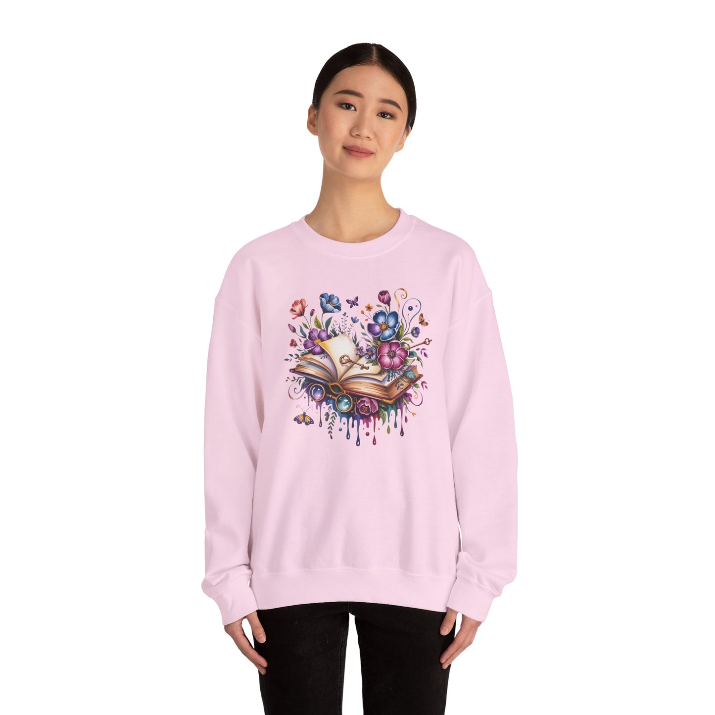 Floral Magic Book Crewneck Sweatshirt – Colorful Open Book Art for Book Lovers - 14831