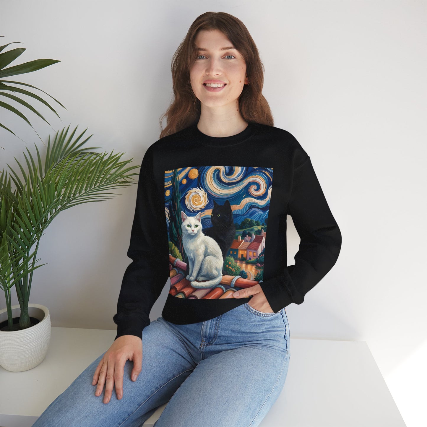 Van Gogh Style Cat Art Sweatshirt - Cozy Unisex Crewneck, Valentines Day Gift for Cat Lovers - 14761
