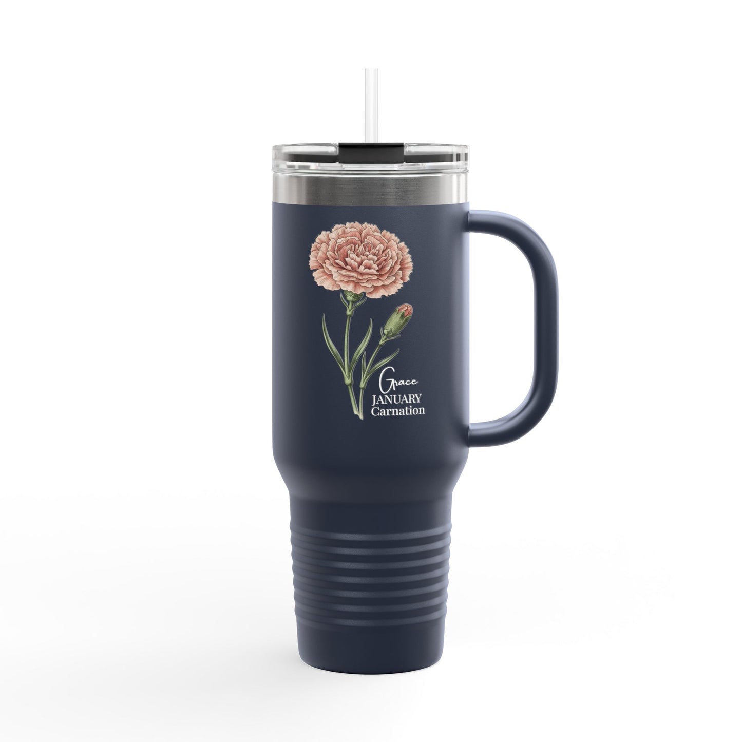 Carnation Floral Tumbler (Expressive) – January Birth Flower Gift | 40oz Insulated Travel Mug, Customizable — 14691
