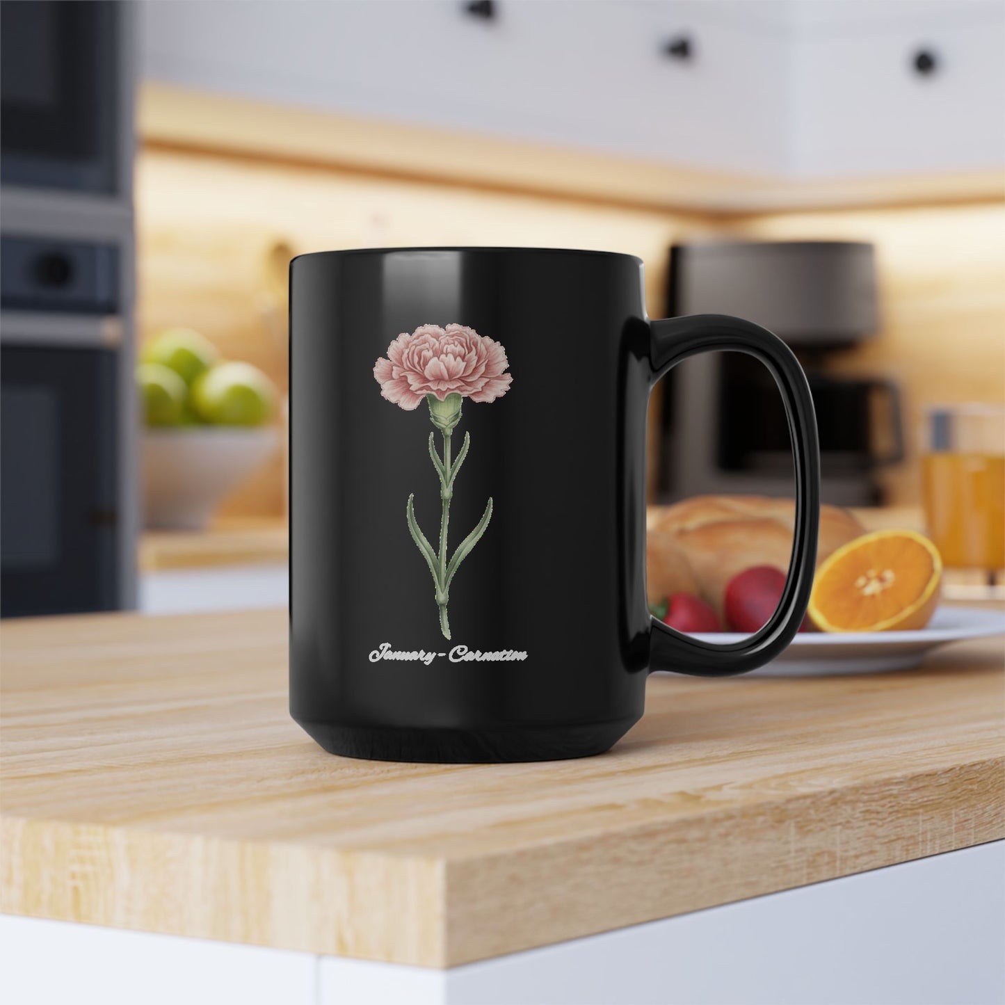 January Carnation Birth Flower Black Mug – Customizable (11oz & 15oz) - 14670