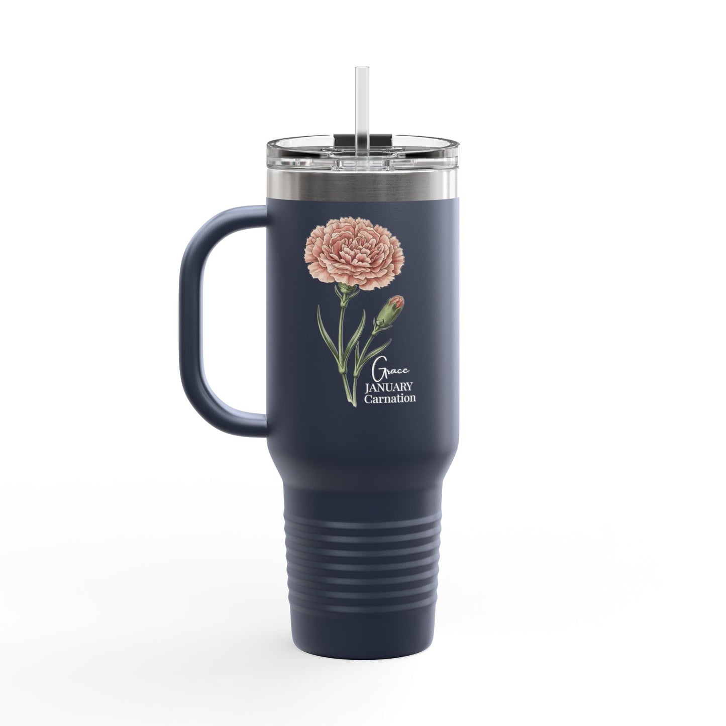 Carnation Floral Tumbler (Expressive) – January Birth Flower Gift | 40oz Insulated Travel Mug, Customizable — 14691