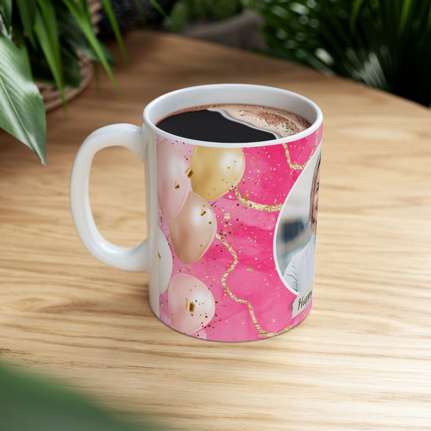 Happy Birthday Ceramic Mug, Personalized Gift, Celebration Drinkware, Pink Balloon Coffee Cup, Custom Photo Mug - 13992