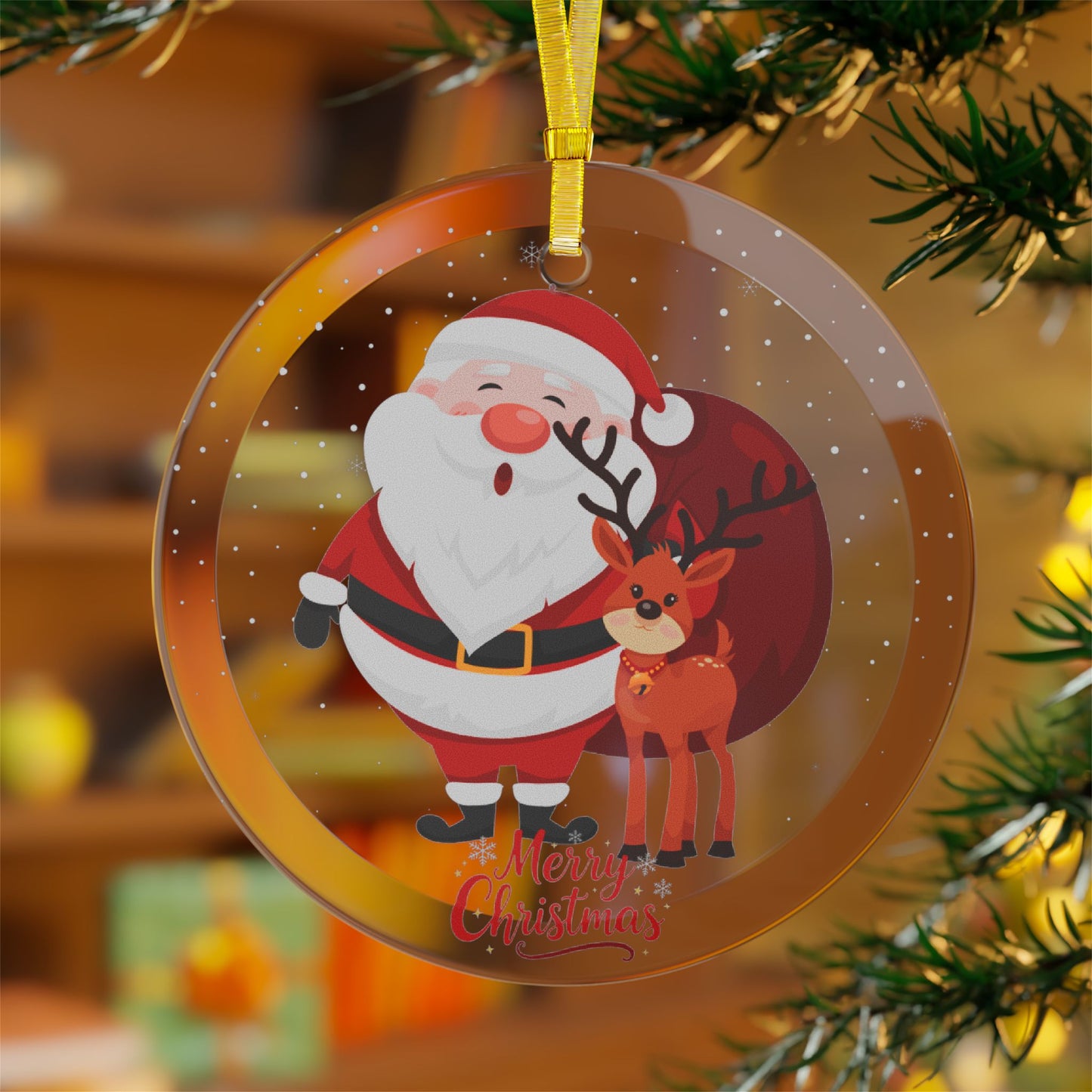 Santa & Reindeer - Glass Ornaments - 10419