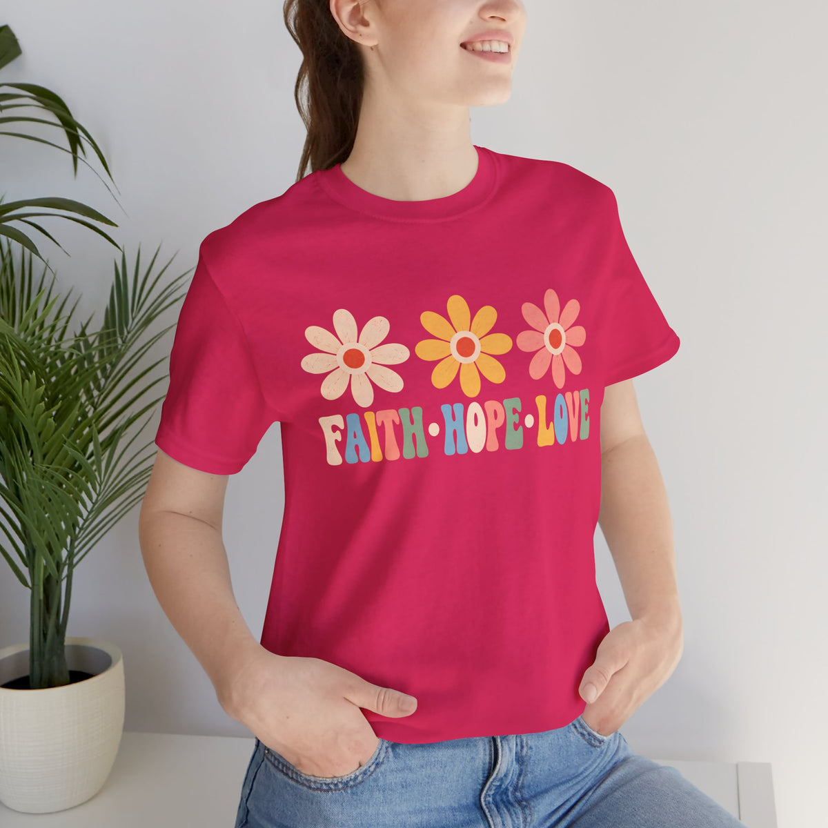 Faith Hope Love Floral T-Shirt, Retro Flower Graphic Tee - 14978