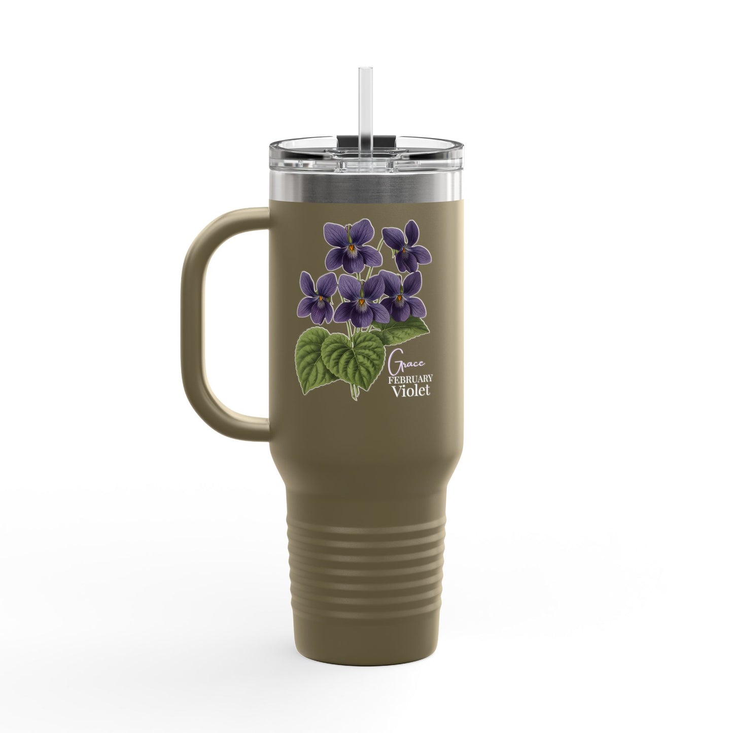 Violet Floral Tumbler – February Birth Flower Gift | 40oz Insulated Travel Mug, Customizable — 14688