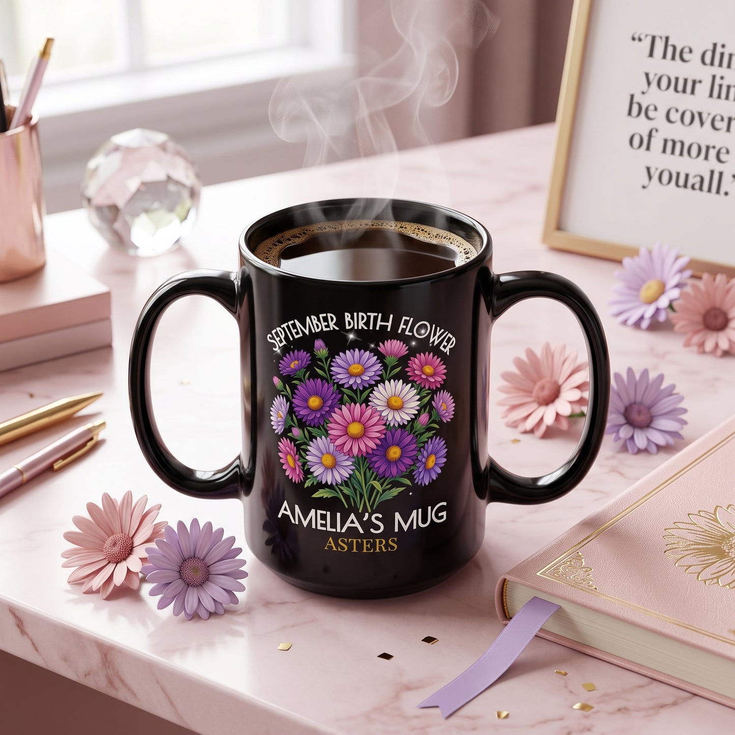 Personalized September Birth Flower Mug — Custom Name Aster Black Coffee Cup (11oz/15oz) - 14918