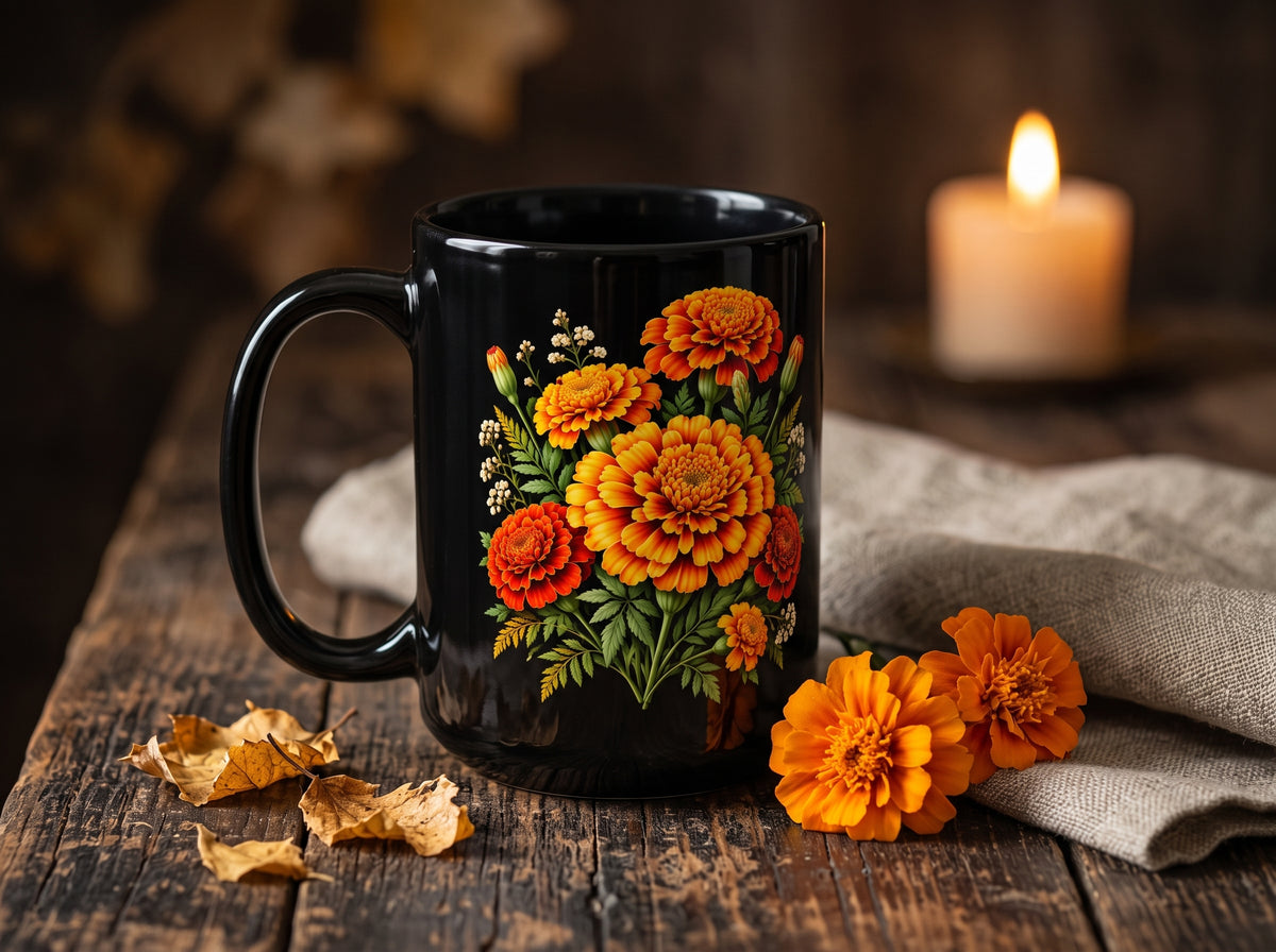Personalized October Marigold Black Mug, Custom Name Birth Flower Coffee Cup - 14977