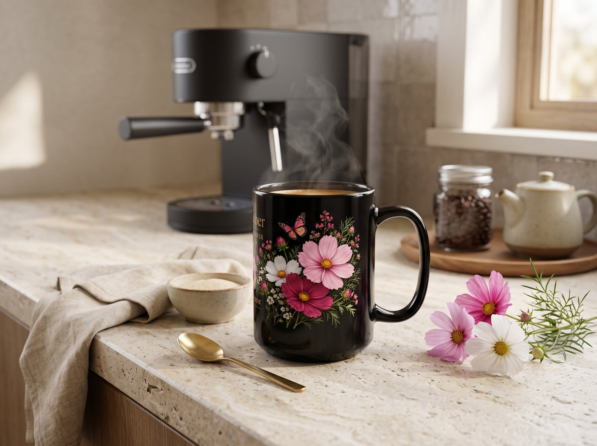 October Birth Flower Mug, Personalized Cosmos Black Coffee Cup - 14980