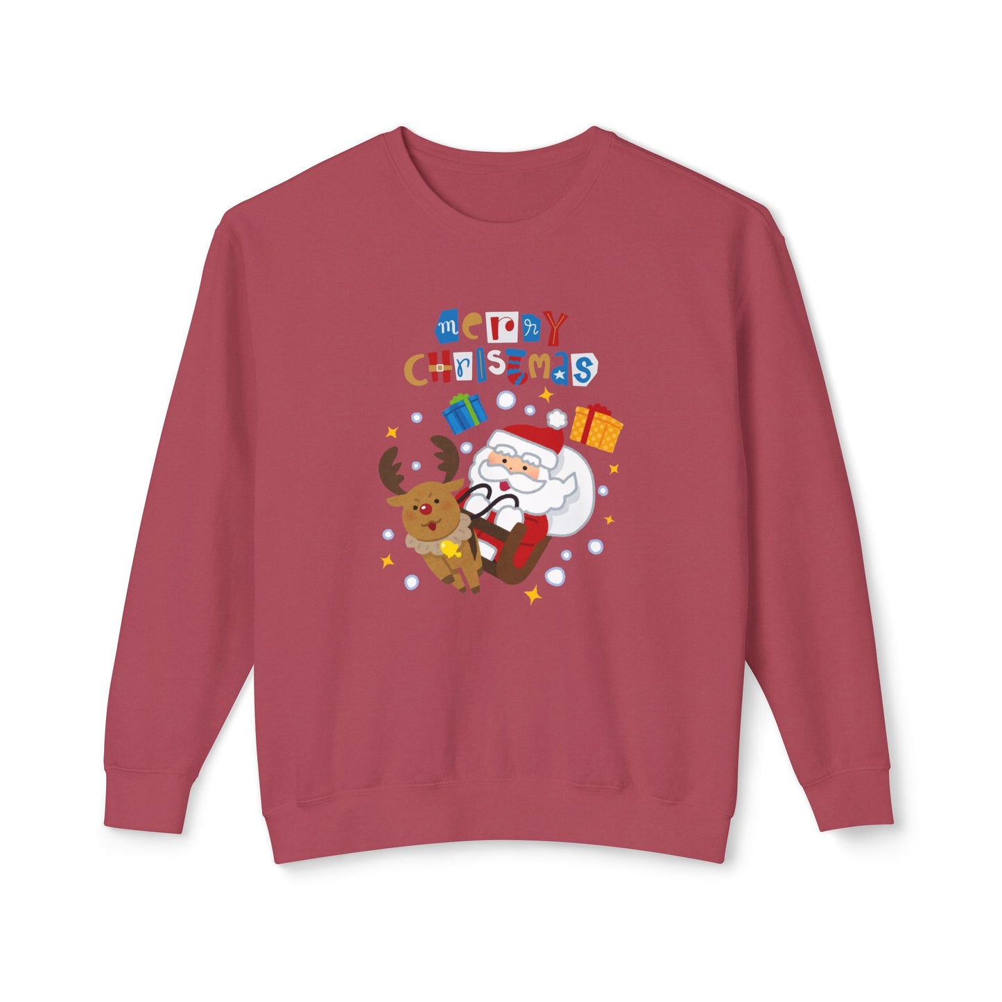 Merry Christmas, Santa & Reindeer - Unisex Lightweight Crewneck Sweatshirt - 10470
