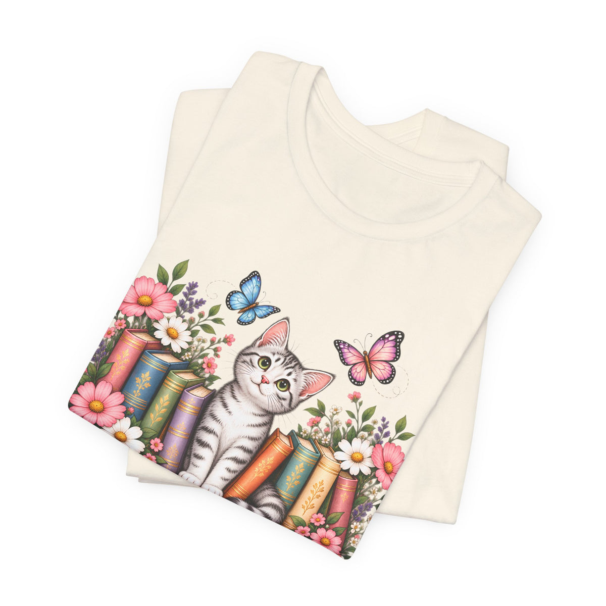 Cat & Books T-Shirt, Cute Floral Kitten & Butterfly Tee - 14526