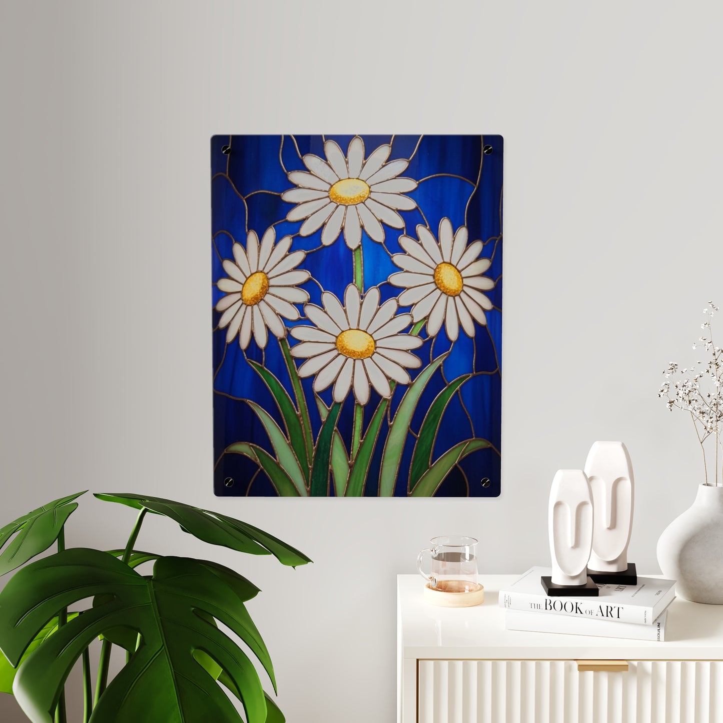 Daisy Stained-Glass Acrylic Wall Art Panel — White Daisies on Deep Blue Background - 14602