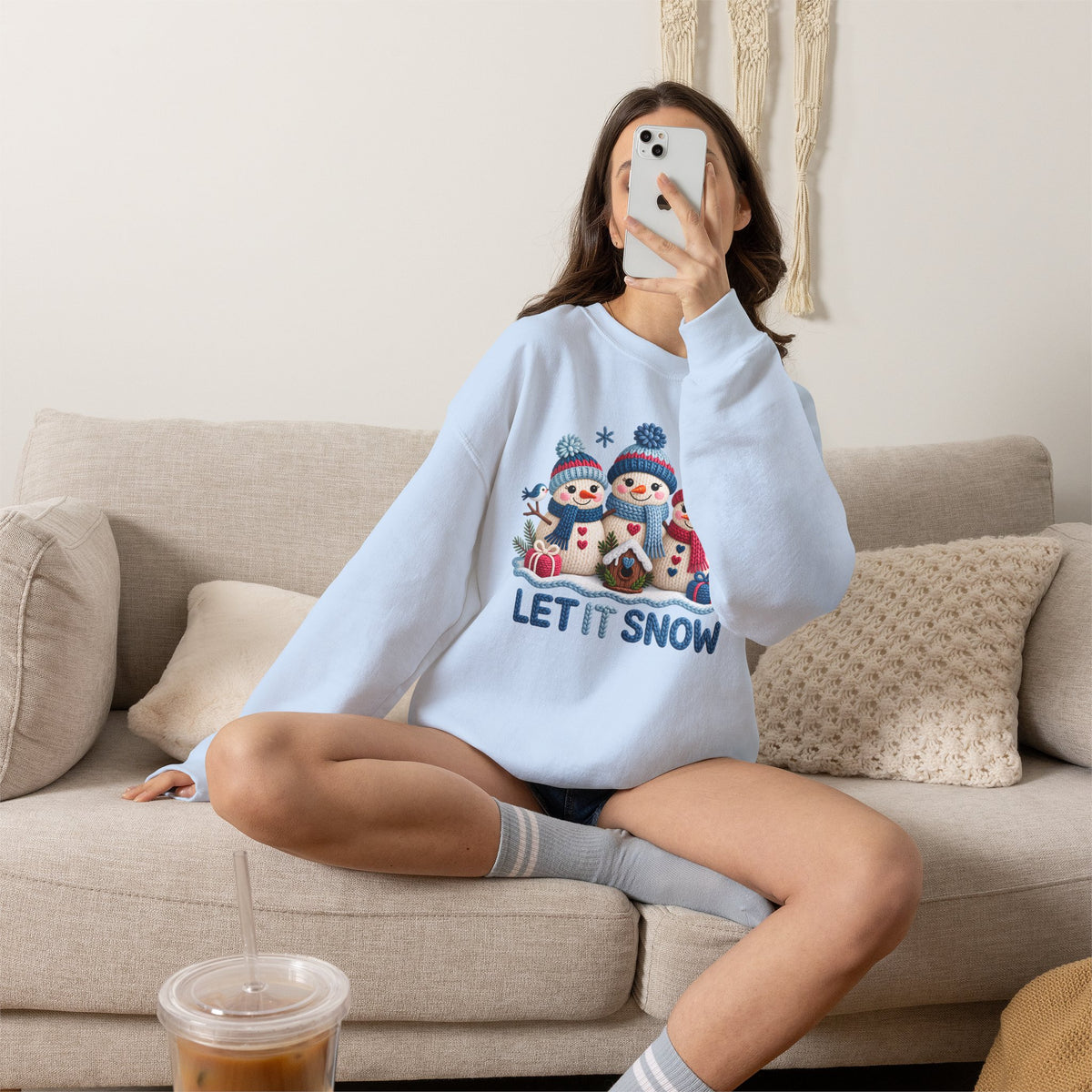 Let It Snow Sweatshirt, Cute Knitted Snowmen Christmas Crewneck - 14570