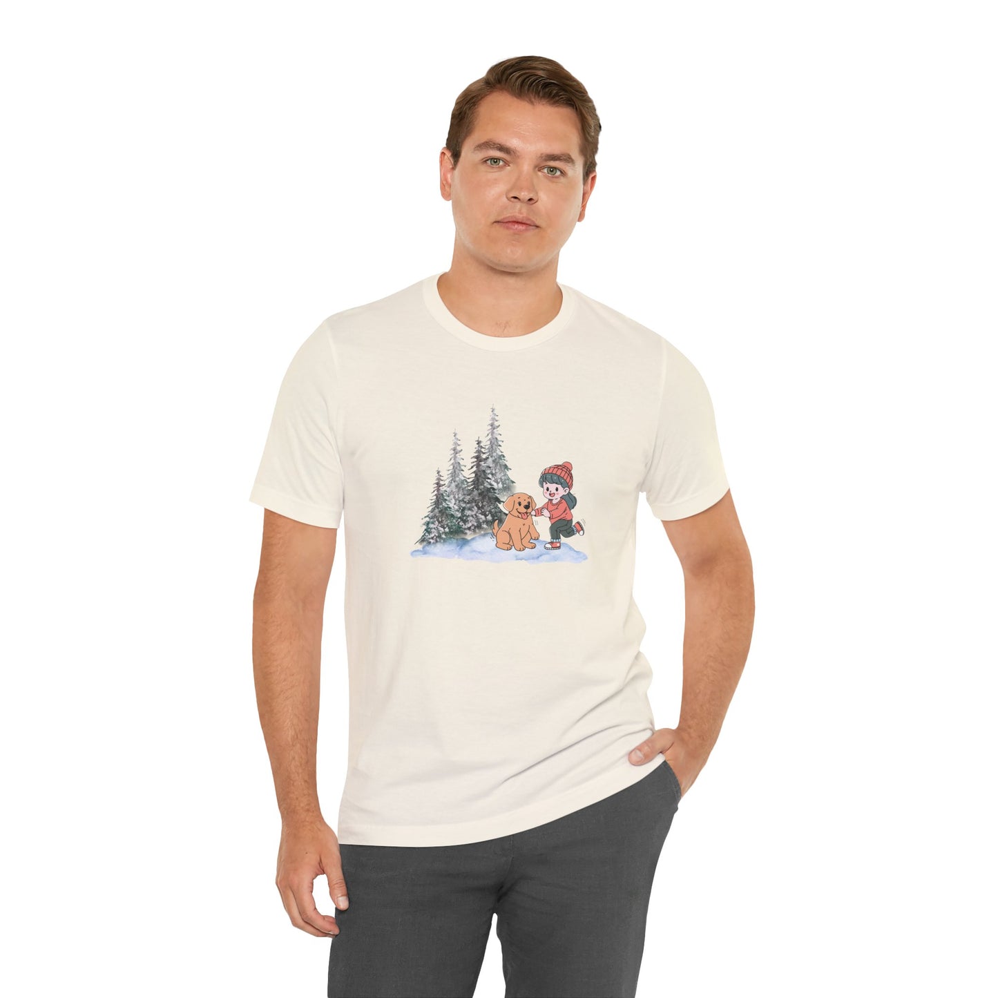 Winter Trees, Girl & Puppy - Unisex Jersey Short Sleeve Tee - 10279