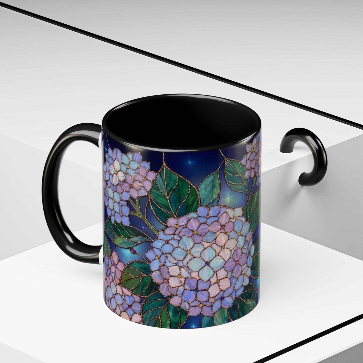 Hydrangea Floral Accent Coffee Mug — Stained Glass Design (11/15 oz) - 14571