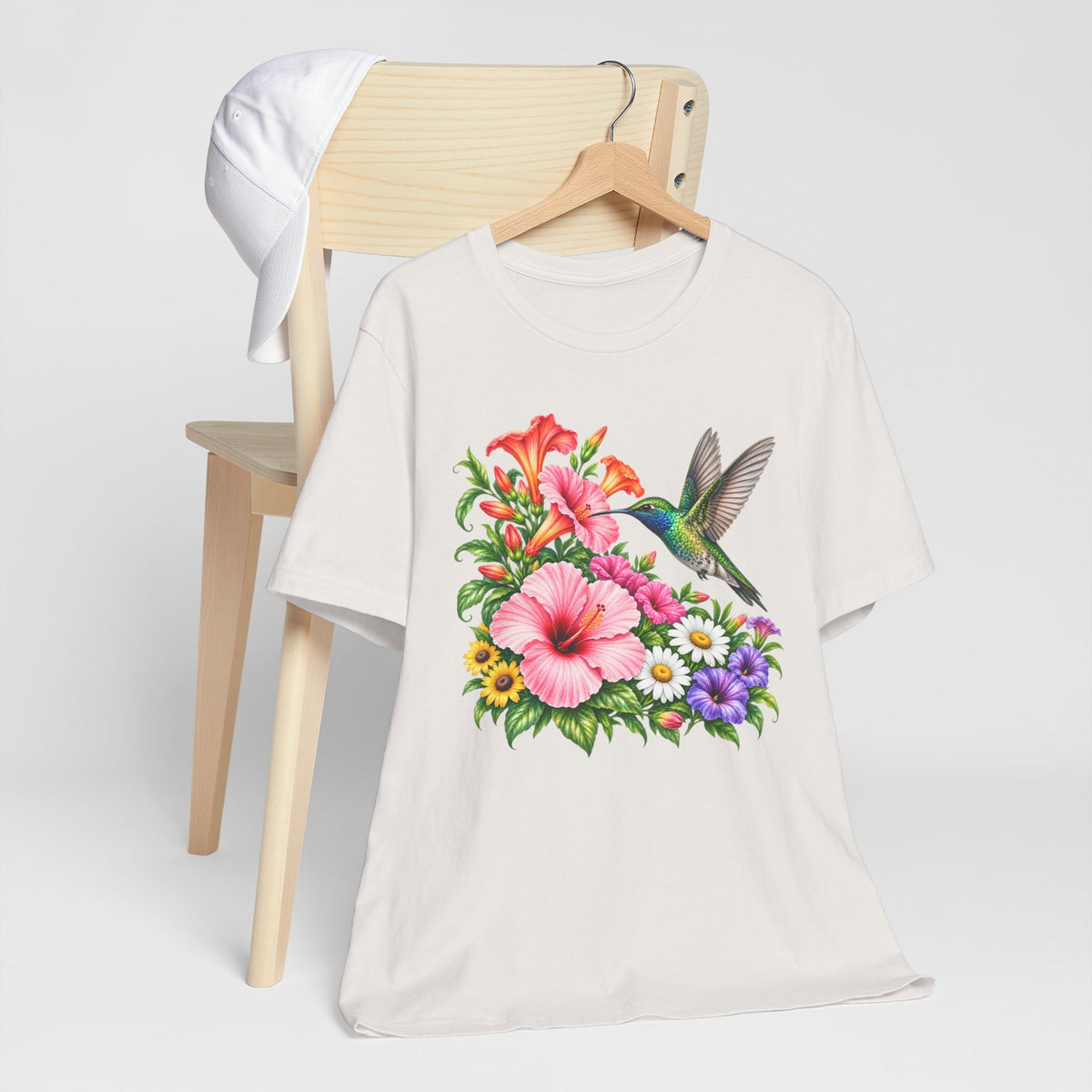 Hummingbird & Hibiscus T-Shirt, Colorful Tropical Floral Garden Tee - 14542