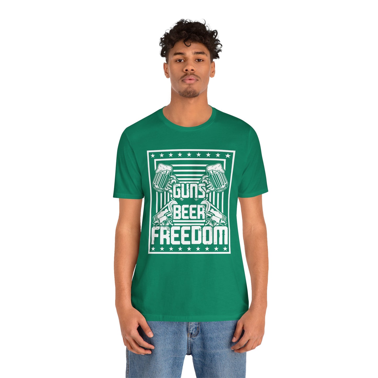 4th of July, Guns Beer Freedom Unisex Tee, Casual Shirt, Patriotic Apparel, Gift for Him, Party Tee, Everyday Wear - 13598