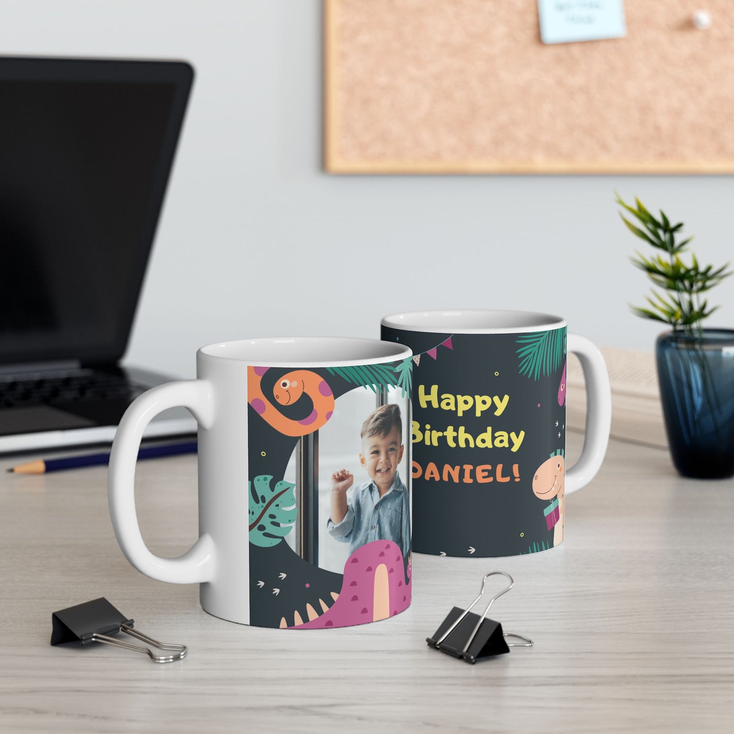 Happy Birthday, Dinosaur Lover, Photo & Name Customizable - Ceramic Mug, (11oz, 15oz) - 11238