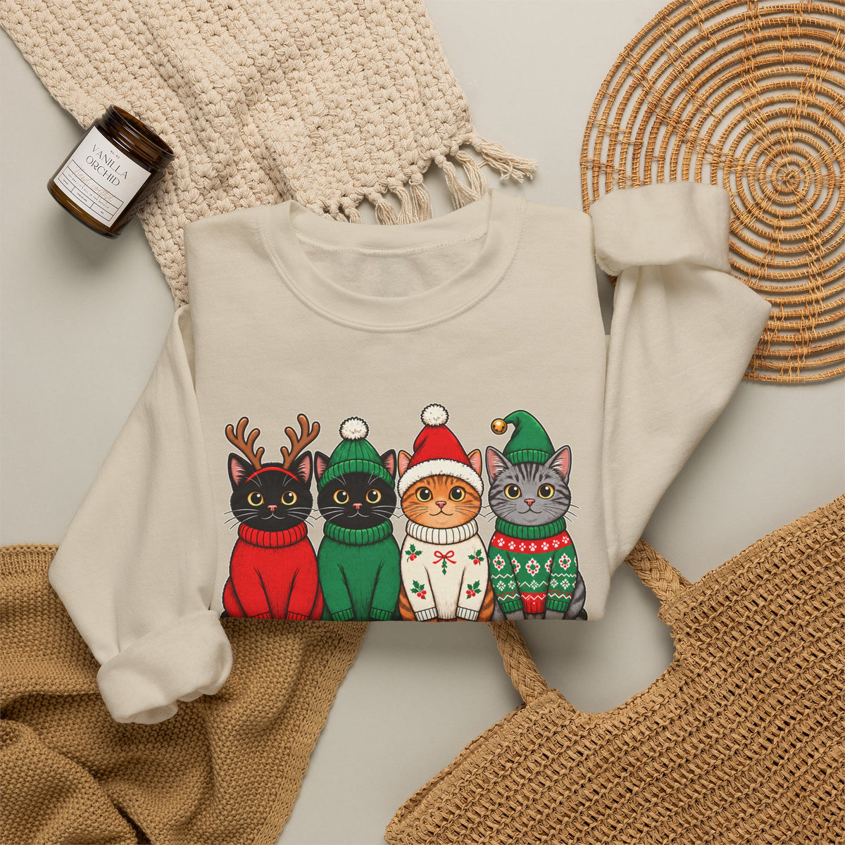 Feline Festive Sweatshirt, Cute Christmas Cats Crewneck - 14564