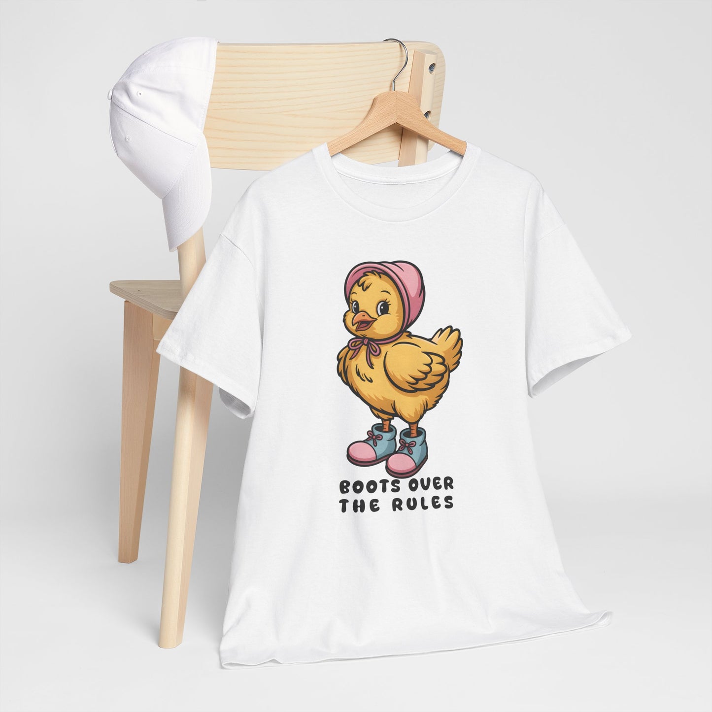 Cute Chick in Boots T-Shirt – “Boots Over The Rules” Funny Chicken Graphic Tee Gift - 14858