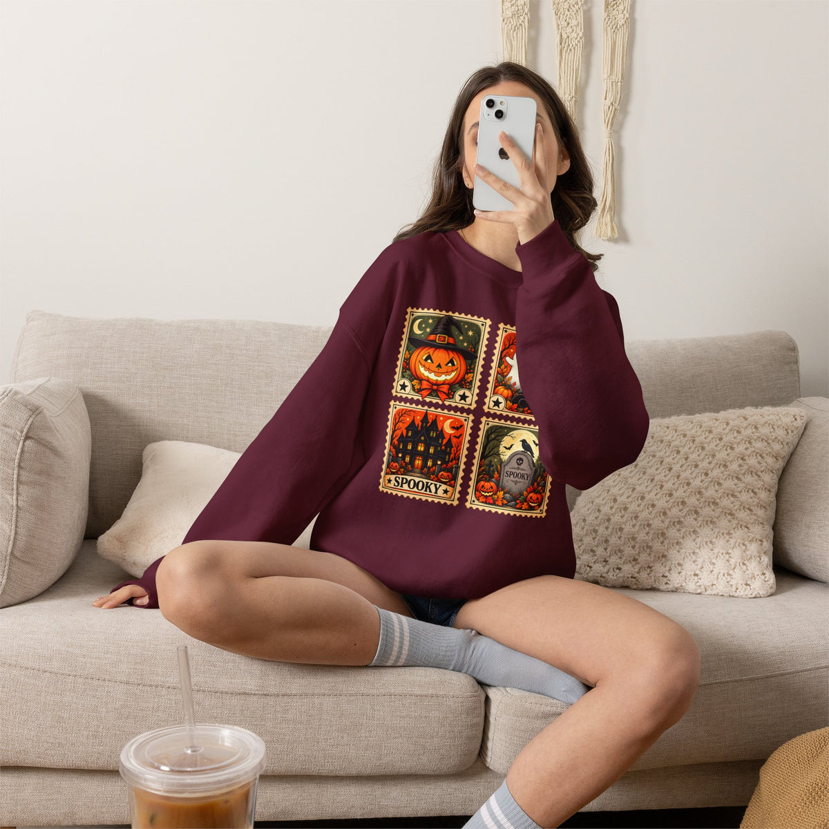 Vintage Halloween Stamp Sweatshirt, Spooky Pumpkin & Ghost Crewneck - 14510