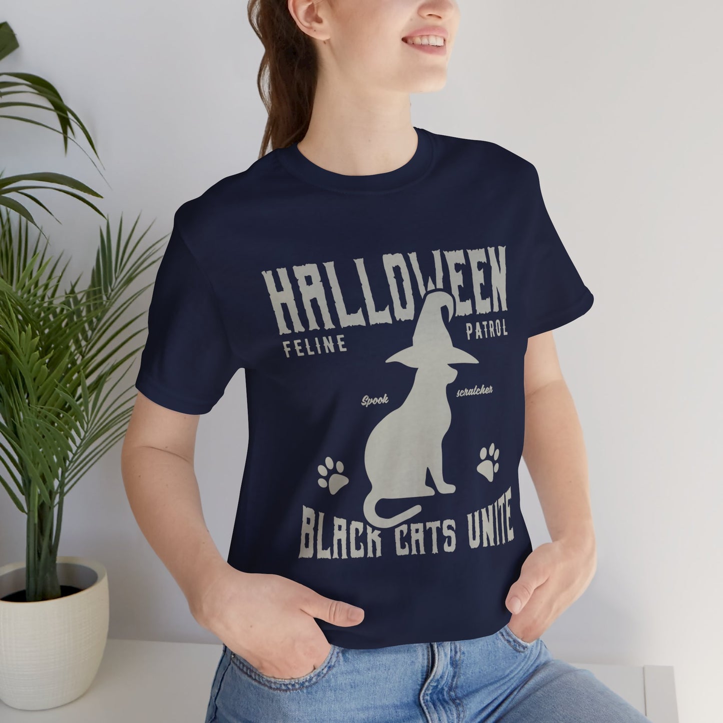 Halloween Feline Patrol, Spook Scratcher, Black Cats Unite  - Unisex Jersey Short Sleeve Tee