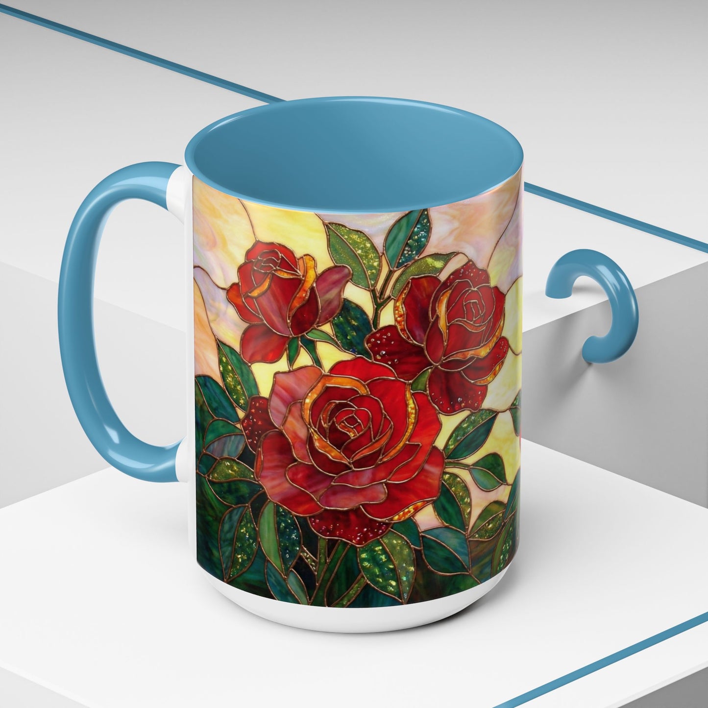 Rose Stained Glass Accent Coffee Mug – Red Roses Floral 11/15oz - 14539