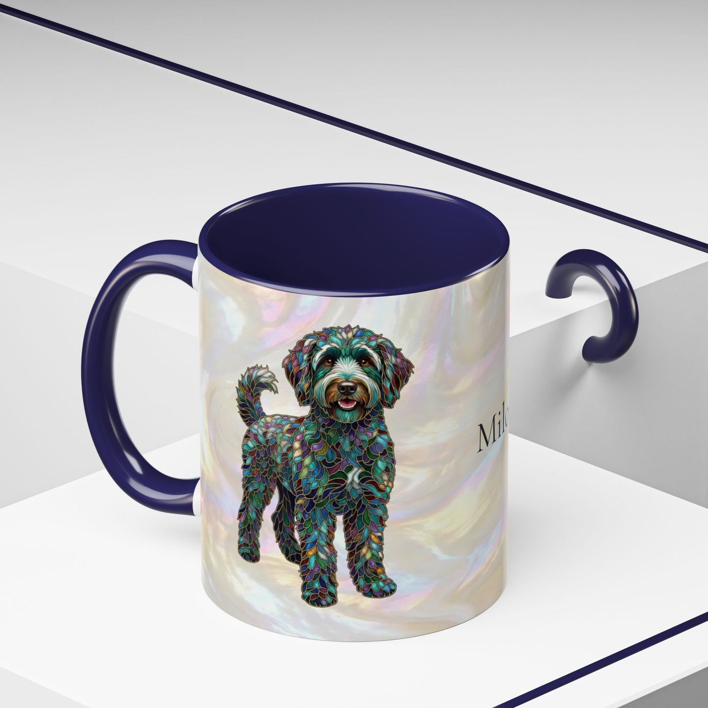 Personalized Labradoodle Dog Mug — Custom Name Accent Coffee Mug (11/15 oz) with Stained Glass Art - 14526