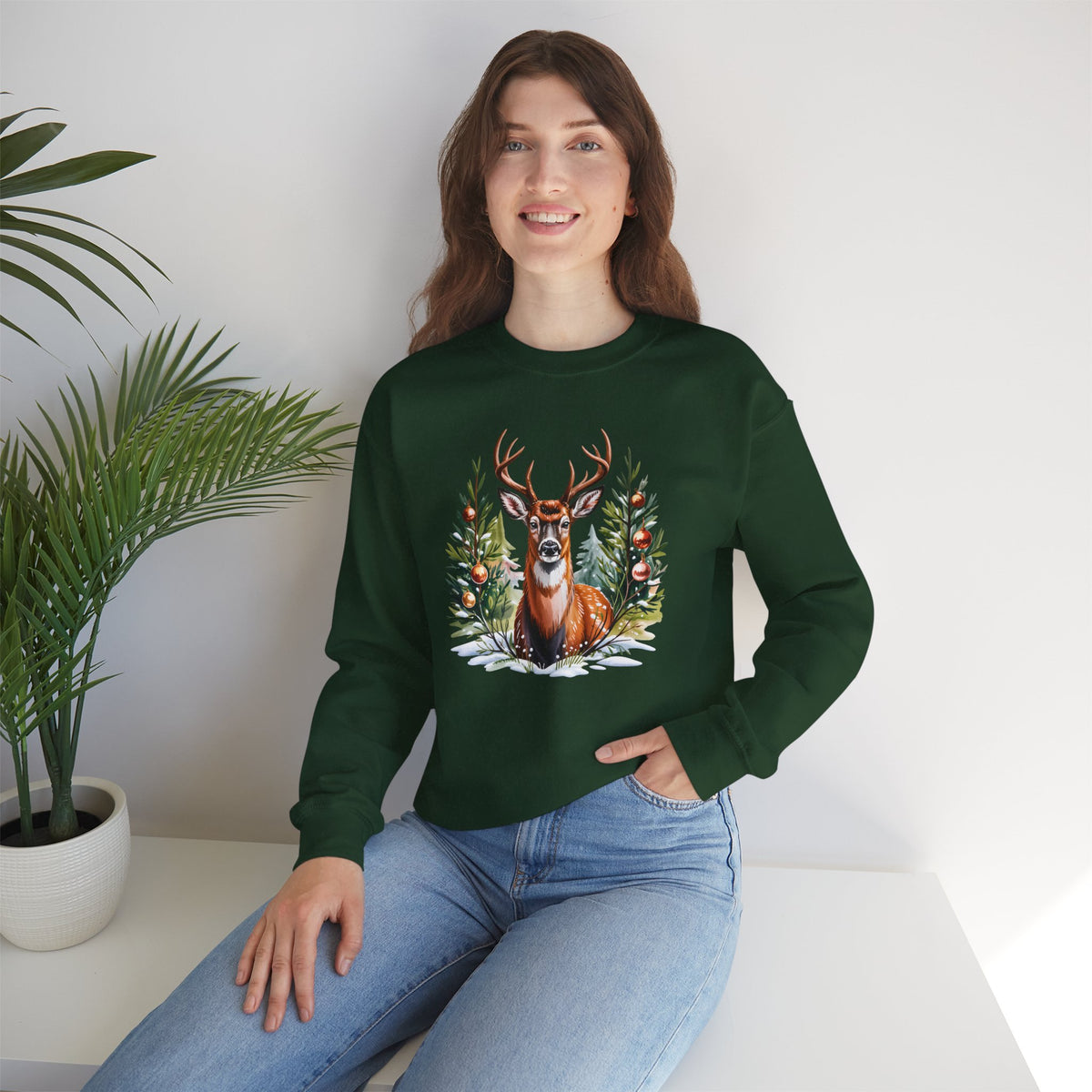 Christmas Deer Sweatshirt, Vintage Woodland Holiday Crewneck - 14562