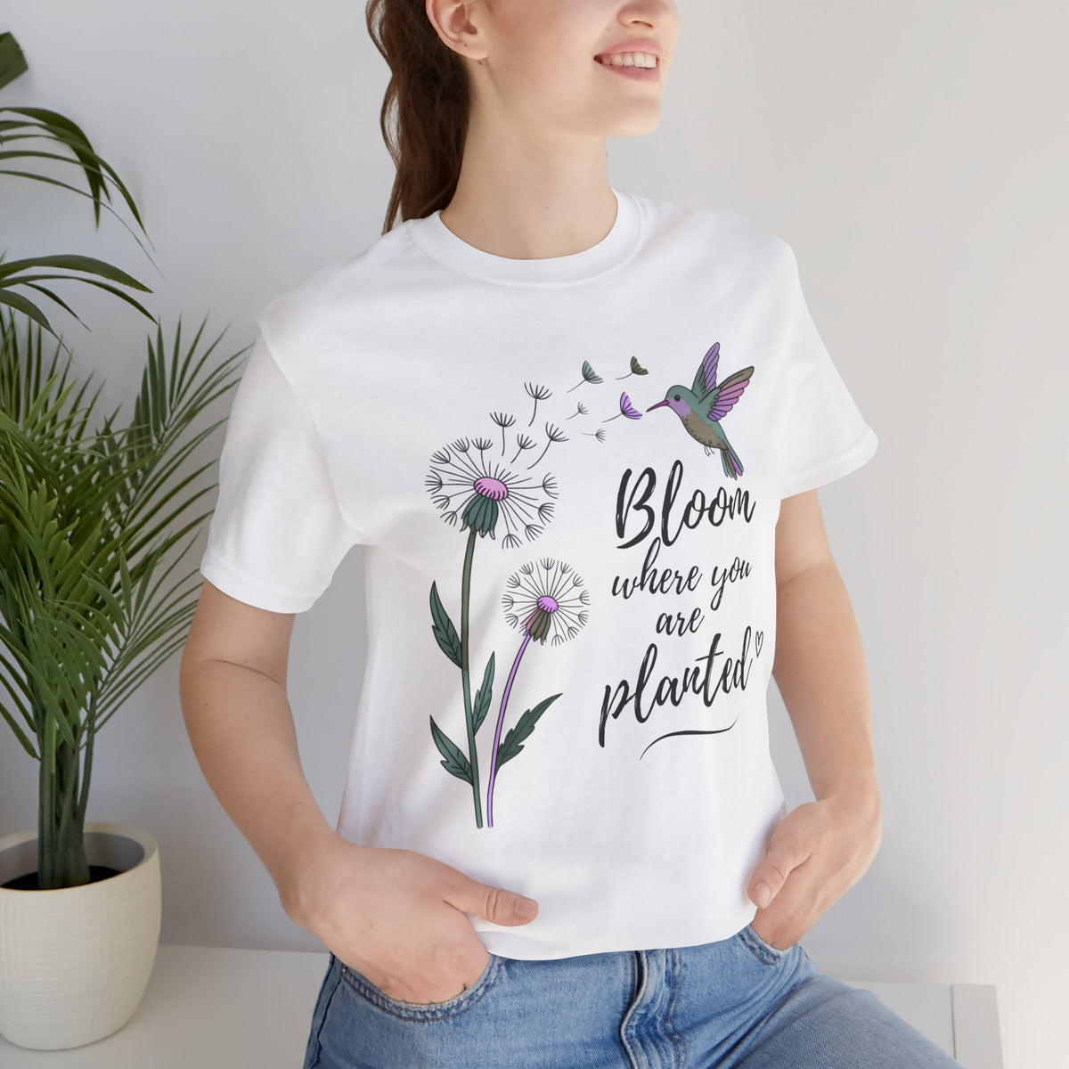 Bloom Where You Are Planted T-Shirt, Hummingbird & Dandelion Floral Graphic Tee - 14927