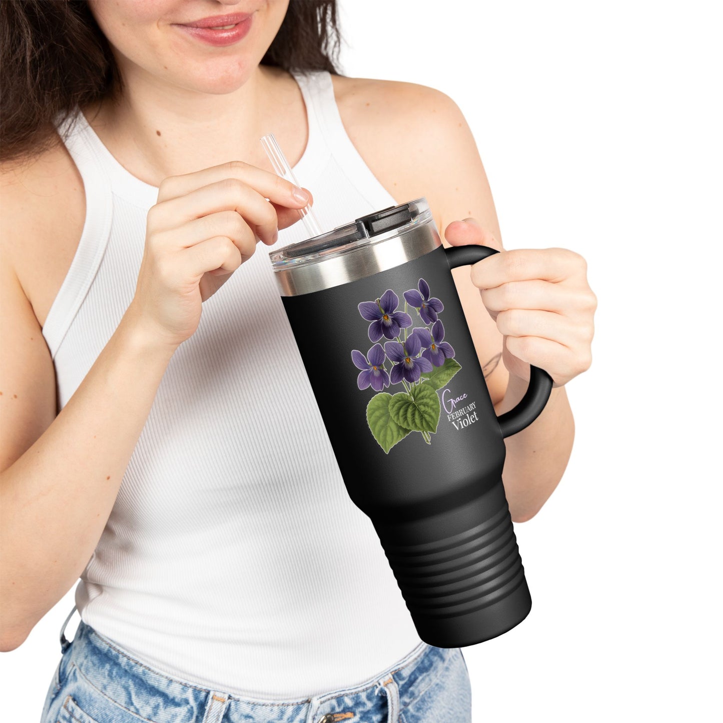 Violet Floral Tumbler – February Birth Flower Gift | 40oz Insulated Travel Mug, Customizable — 14688
