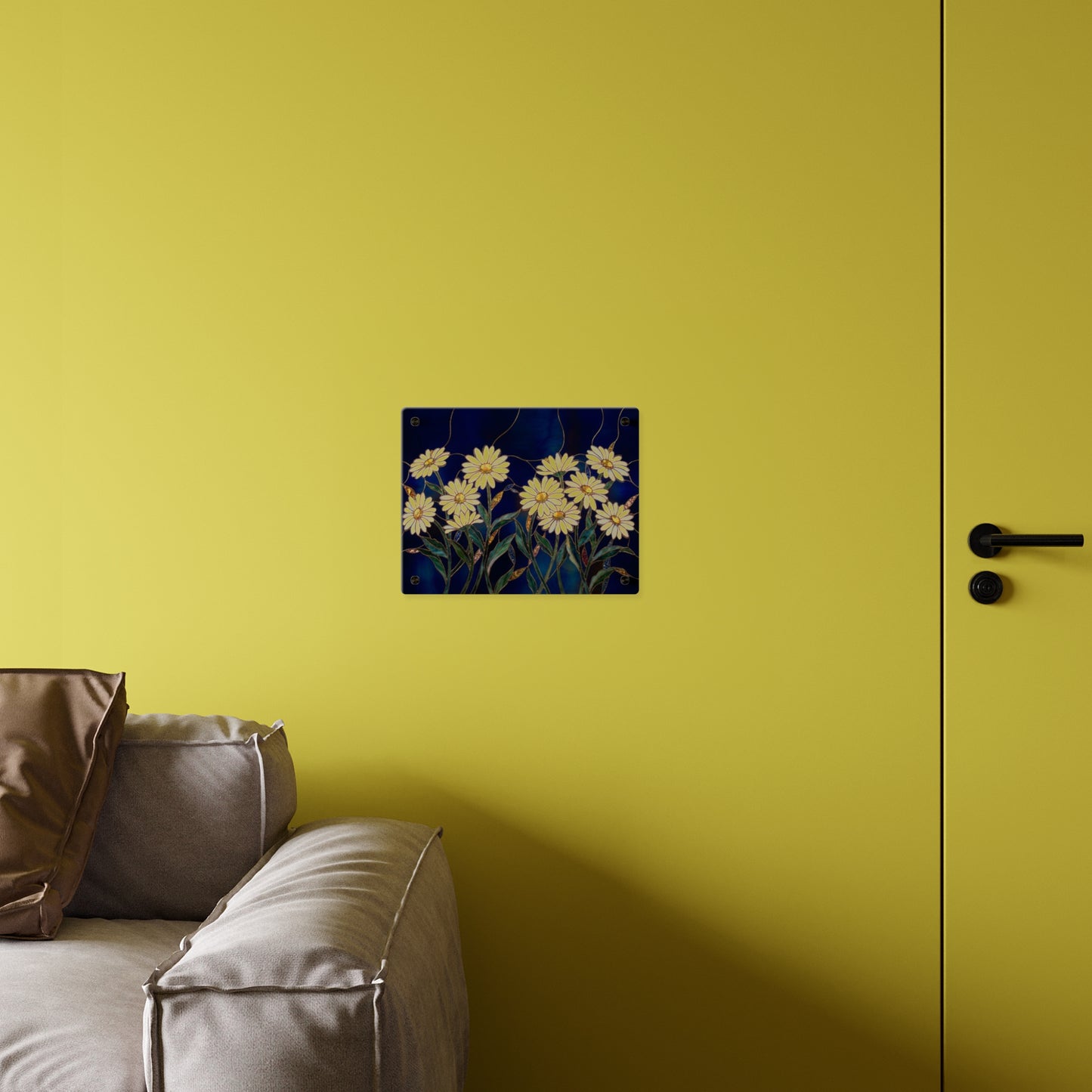 Daisy Stained-Glass Acrylic Wall Art Panel — White Daisies on Deep Blue Background - 14602