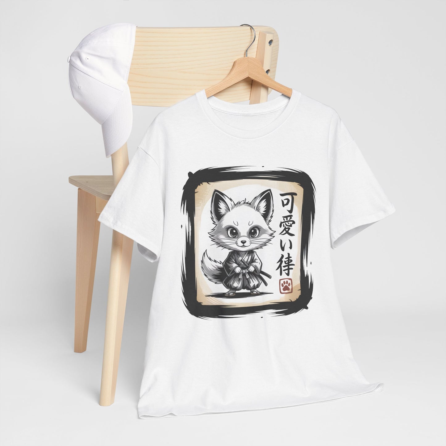 Fox Spirit Tee – Kawaii Fox Samurai with Japanese Calligraphy T-Shirt - 14911