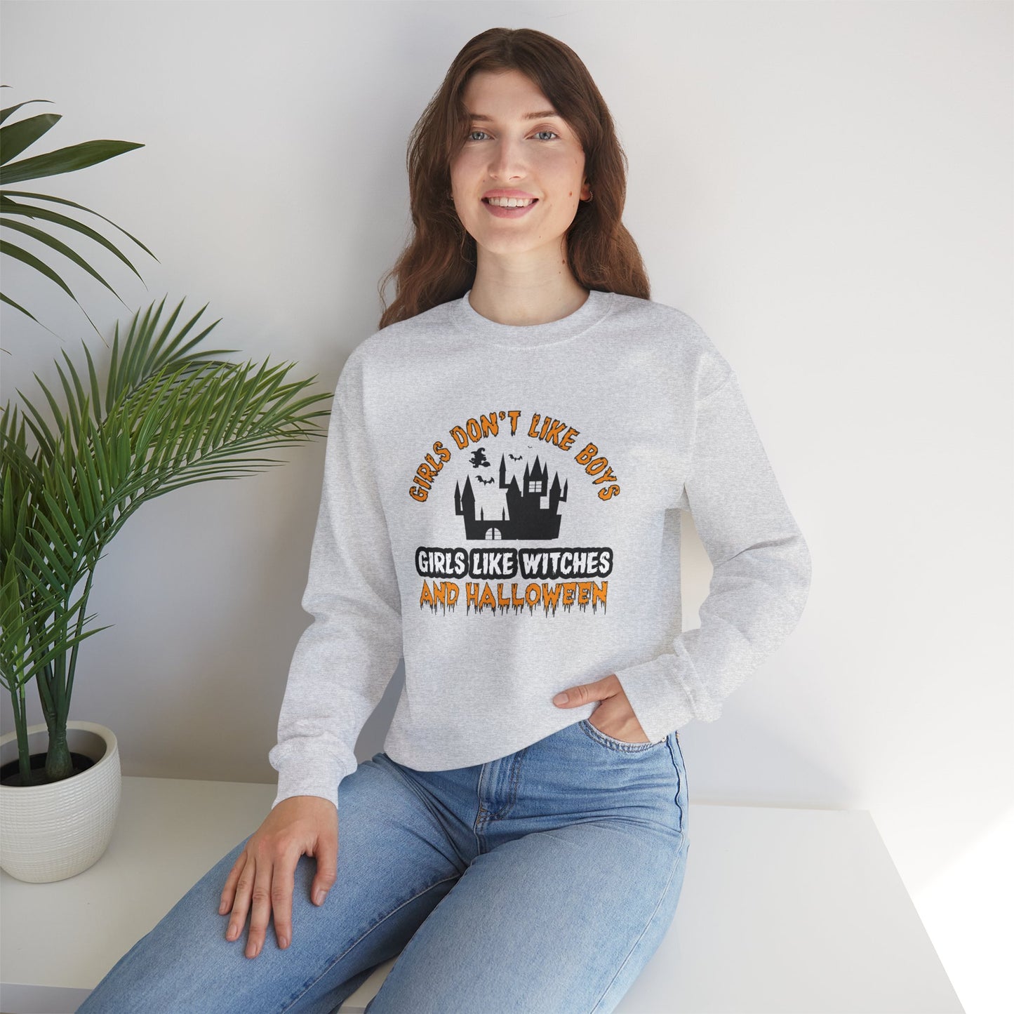 Girls Don't Like Boys. Girls Like Witches and Halloween - Unisex Heavy Blend™ Crewneck Sweatshirt - 12316