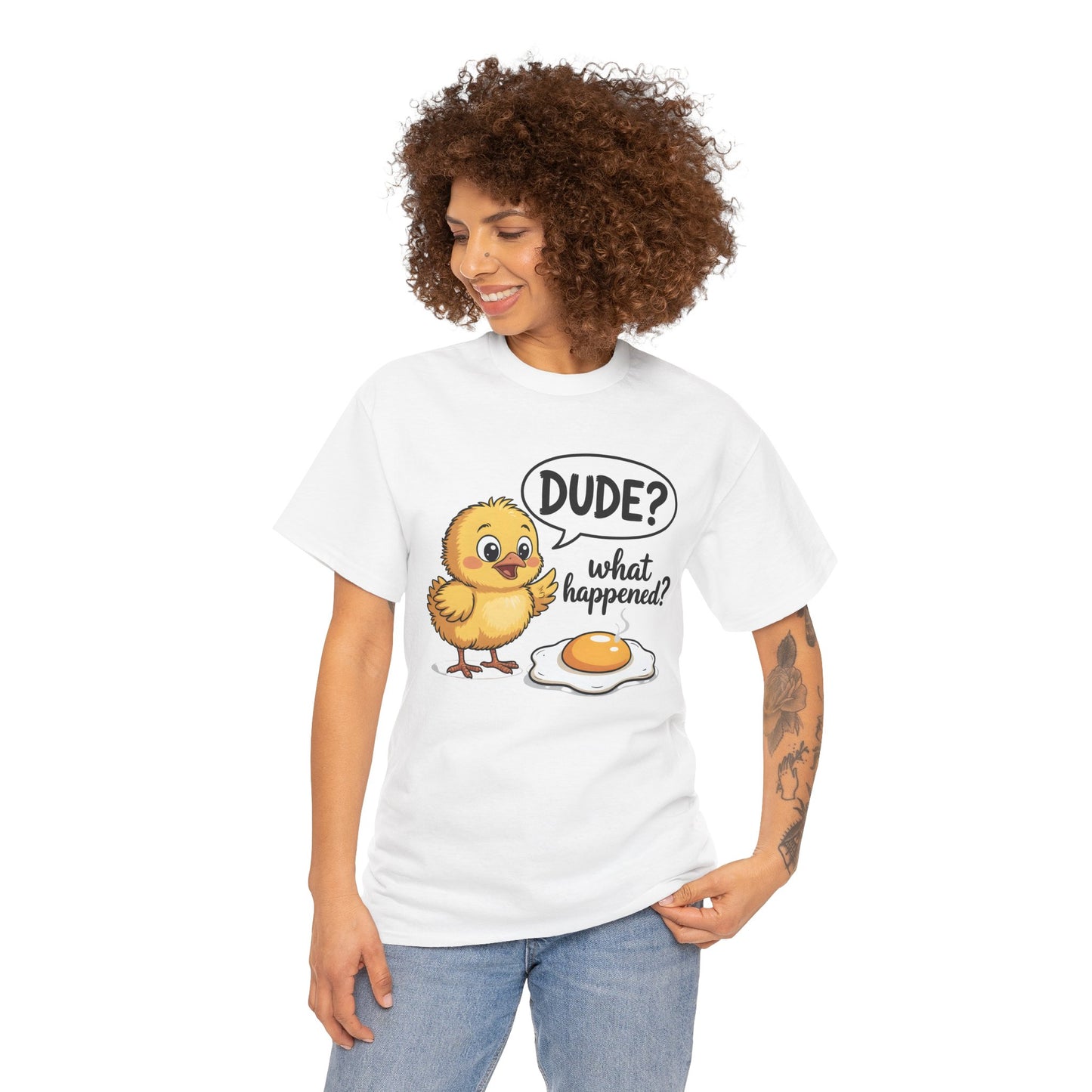 Funny Chicken T-Shirt – “Dude? What Happened?” Cute Chick & Egg Humor Tee Gift - 14849